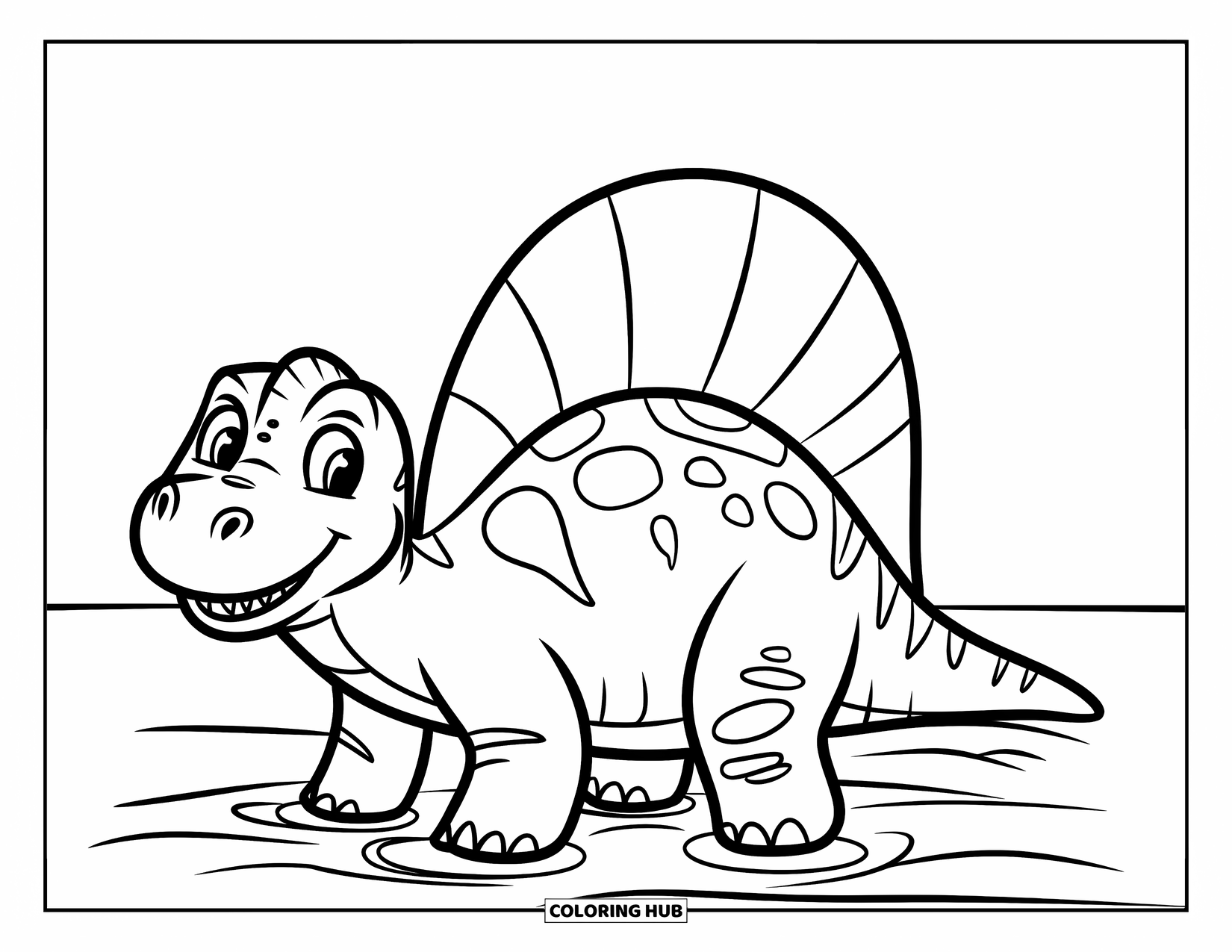 Dinosaur Coloring Page for Kids: A smiling Spinosaurus stands in shallow water with its sail on its back