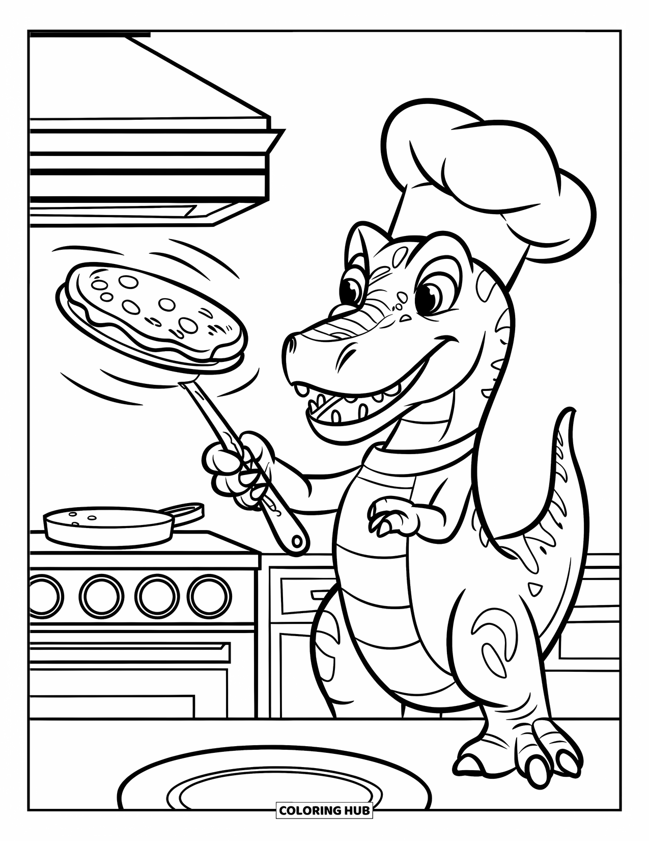 Dinosaur Coloring Page for Kids: A Spinosaurus in a chef's hat flips pancakes in a kitchen