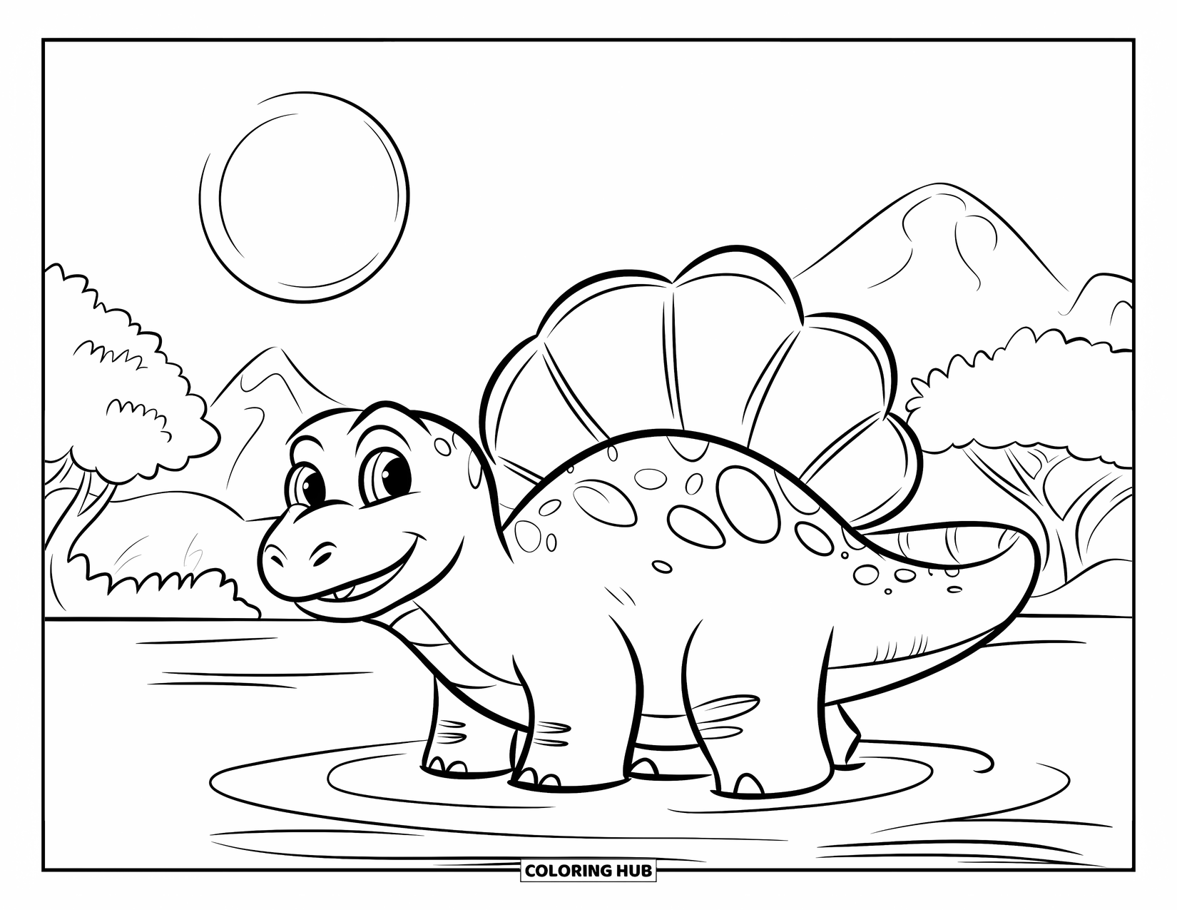 Dinosaur Coloring Page for Kids: A Spinosaurus smiles in shallow water under a bright sun