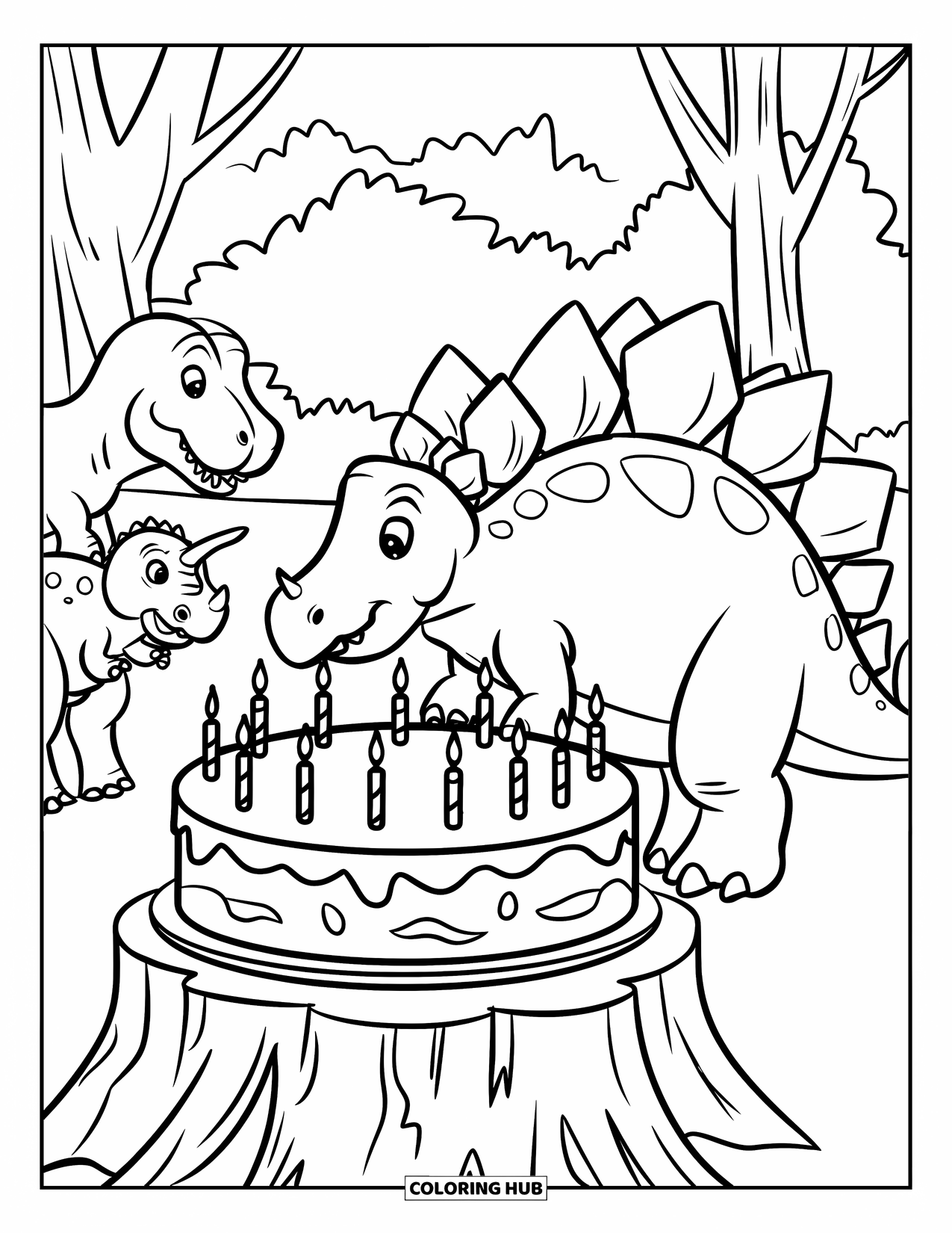 Dinosaur Coloring Page for Kids: A Stegosaurus blows out birthday candles with two friends nearby