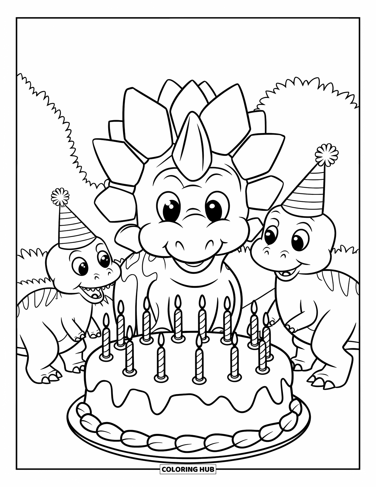Dinosaur Coloring Page for Kids: A Stegosaurus blows out candles on a cake with its dinosaur friends