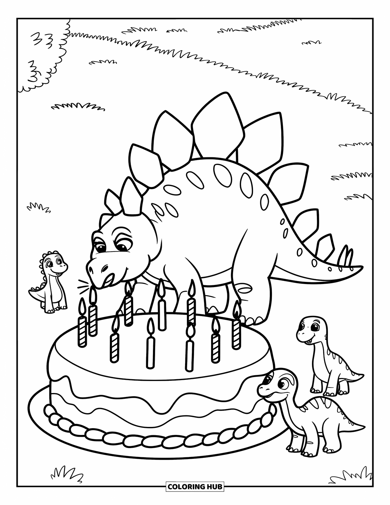 Dinosaur Coloring Page for Kids: A Stegosaurus celebrates with friends, blowing out candles on a big cake