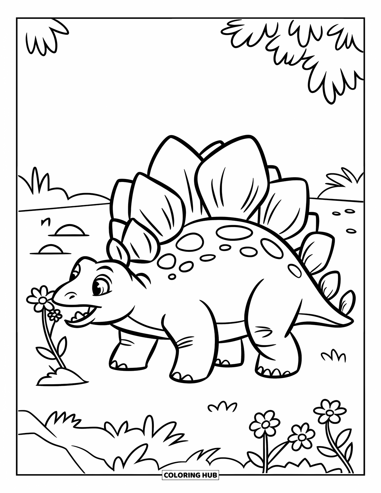 Dinosaur Coloring Page for Kids: A Stegosaurus sniffs flowers among rocks and grass