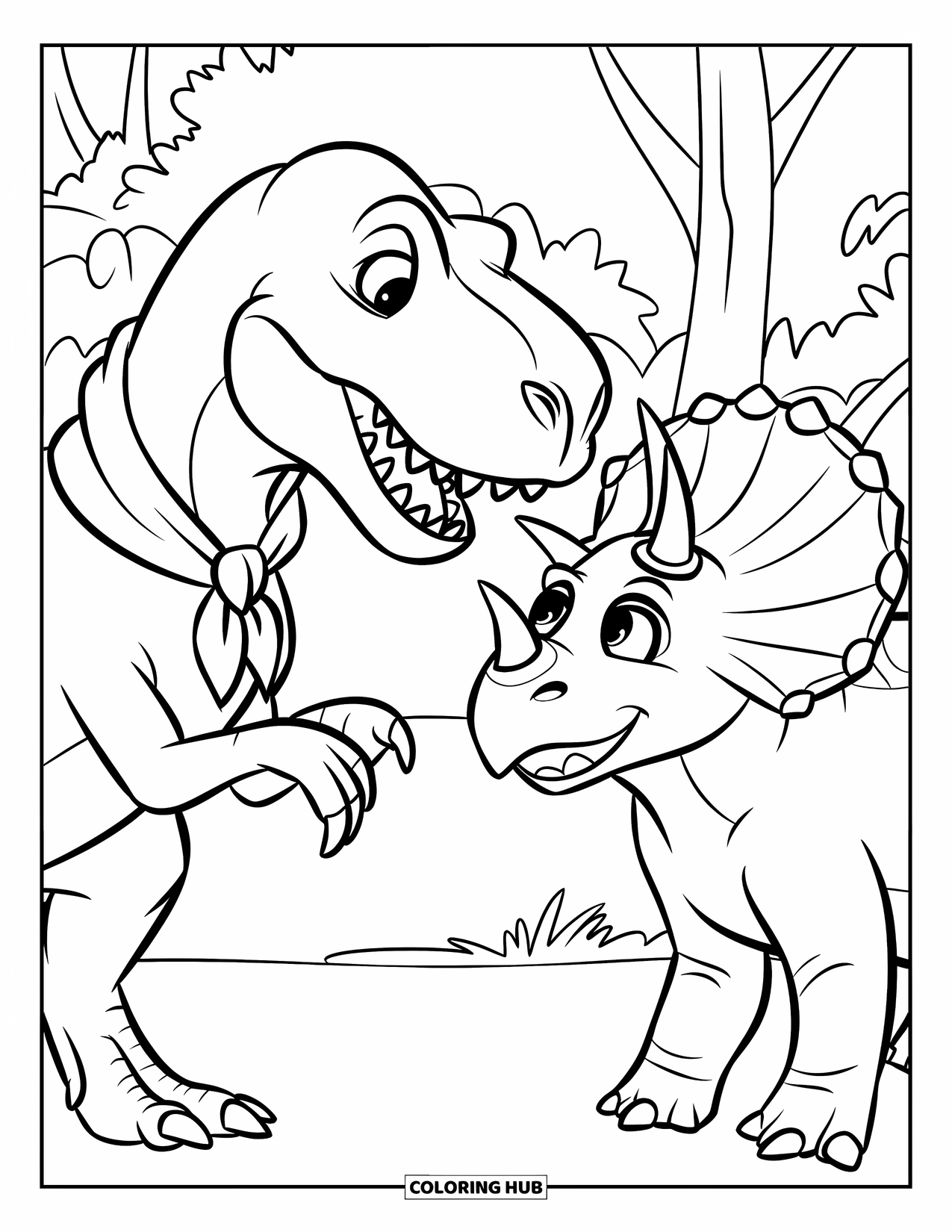 Dinosaur Coloring Page for Kids: A T-Rex and a Triceratops smile and shake hands