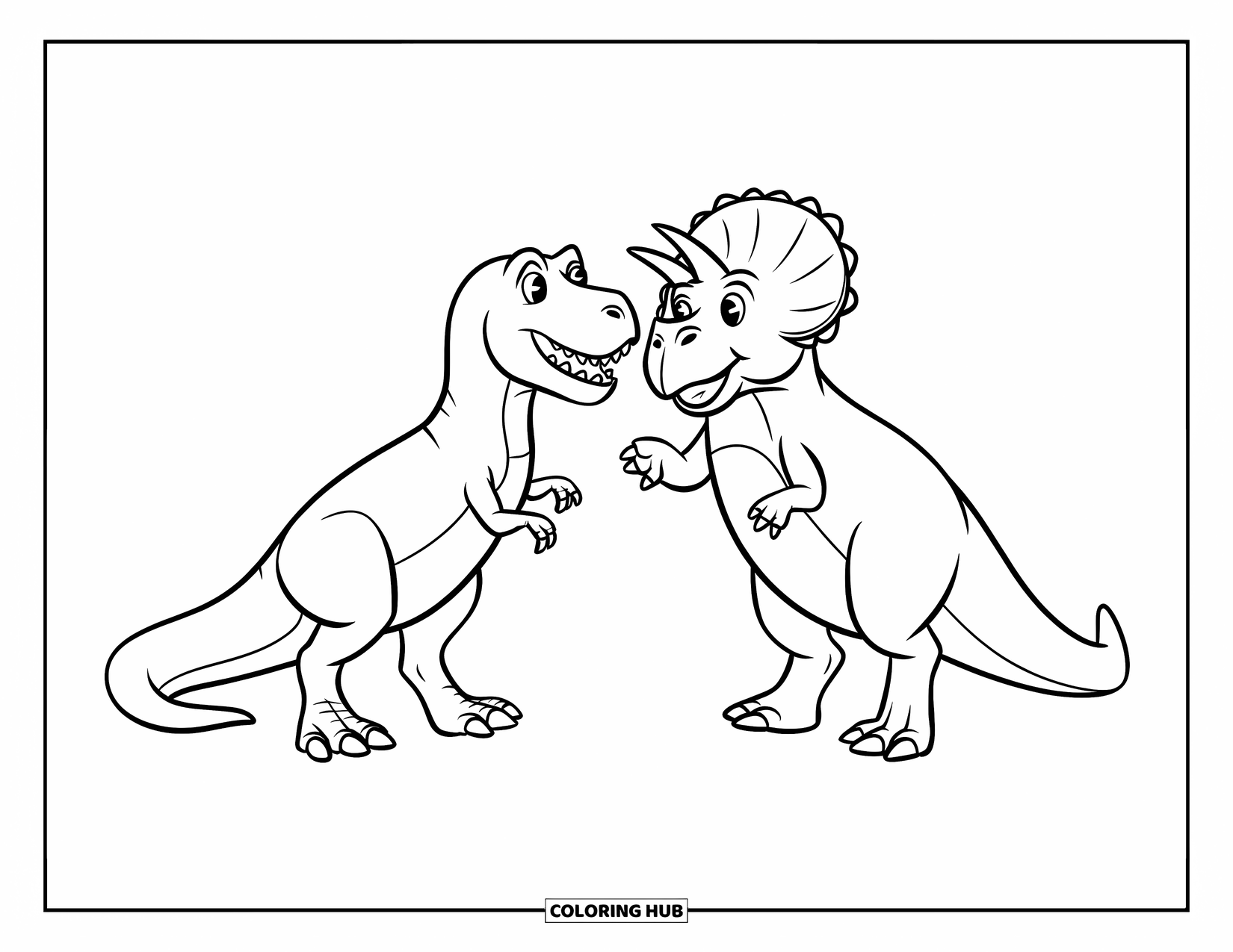 Dinosaur Coloring Page for Kids: A T-Rex and a Triceratops smile as they shake hands on a grassy field