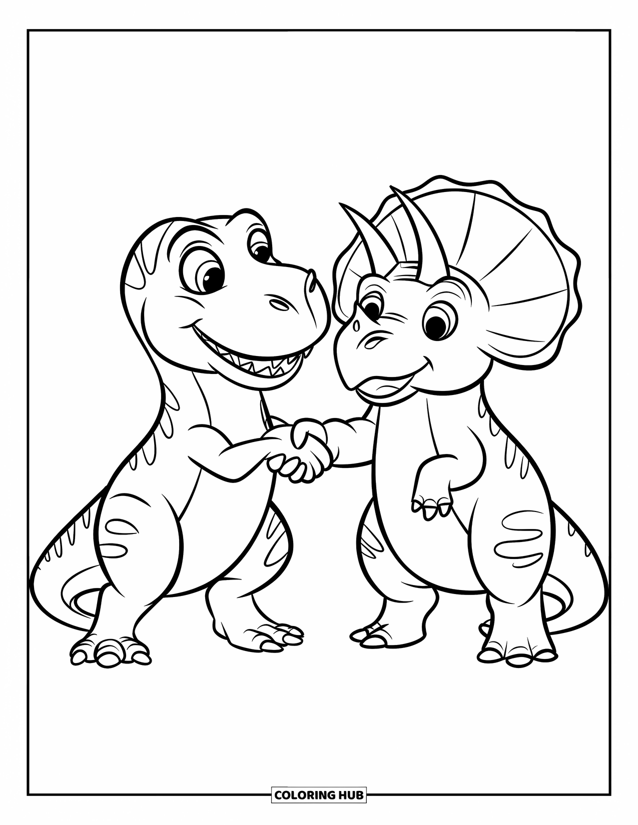 Dinosaur Coloring Page for Kids: A T-Rex and Triceratops grin and shake hands warmly