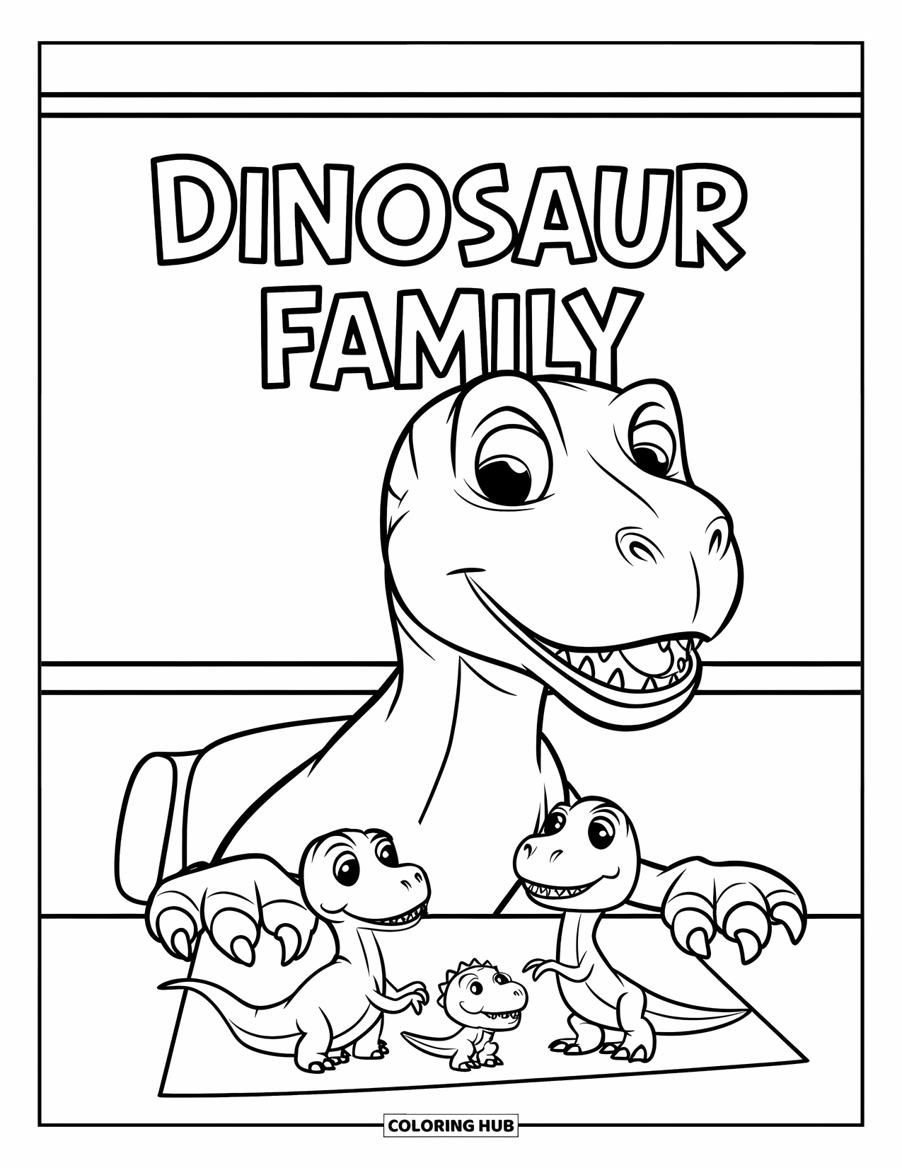 Dinosaur Coloring Page for Kids: A T-Rex colors a family portrait at a table