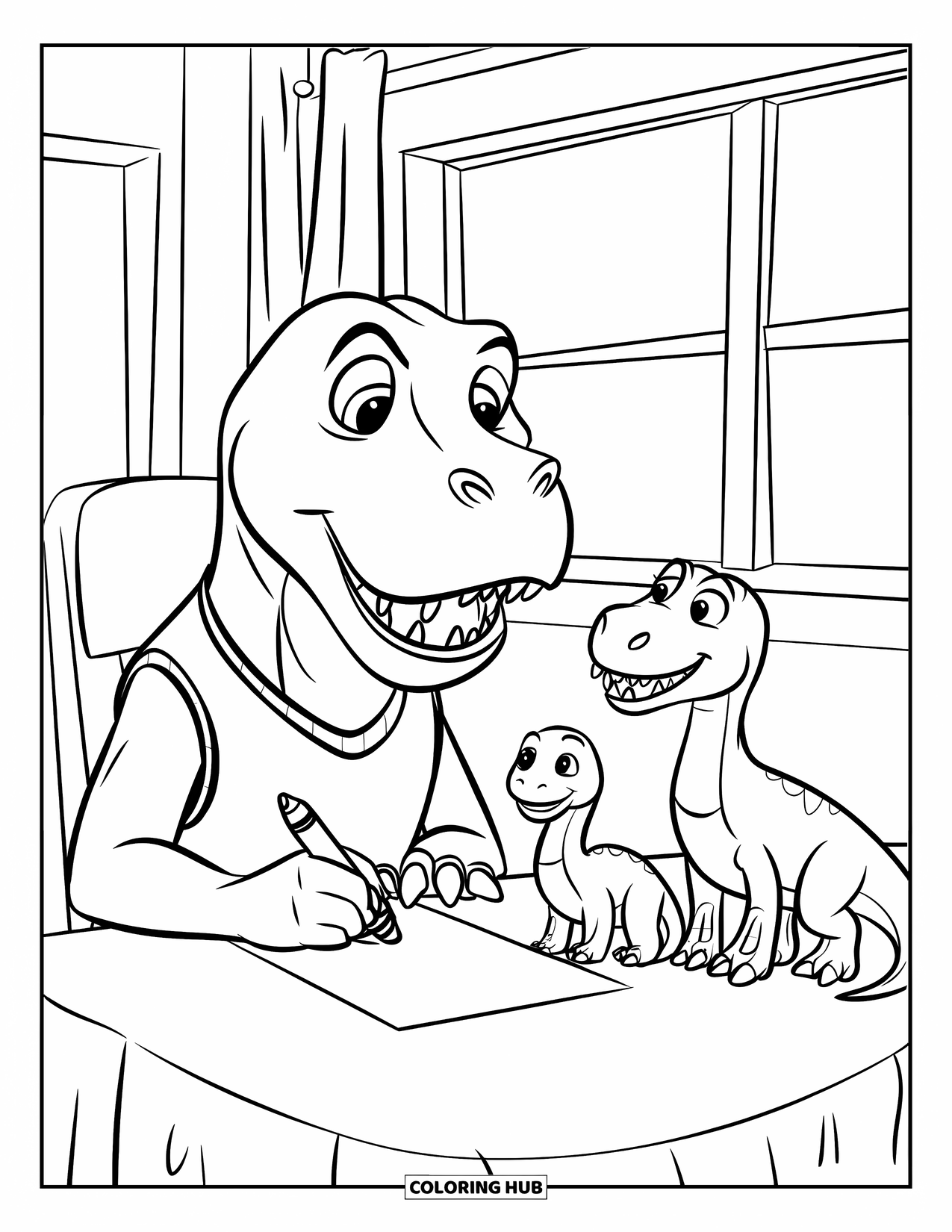 Dinosaur Coloring Page for Kids: A T-Rex in a vest draws its family at a table