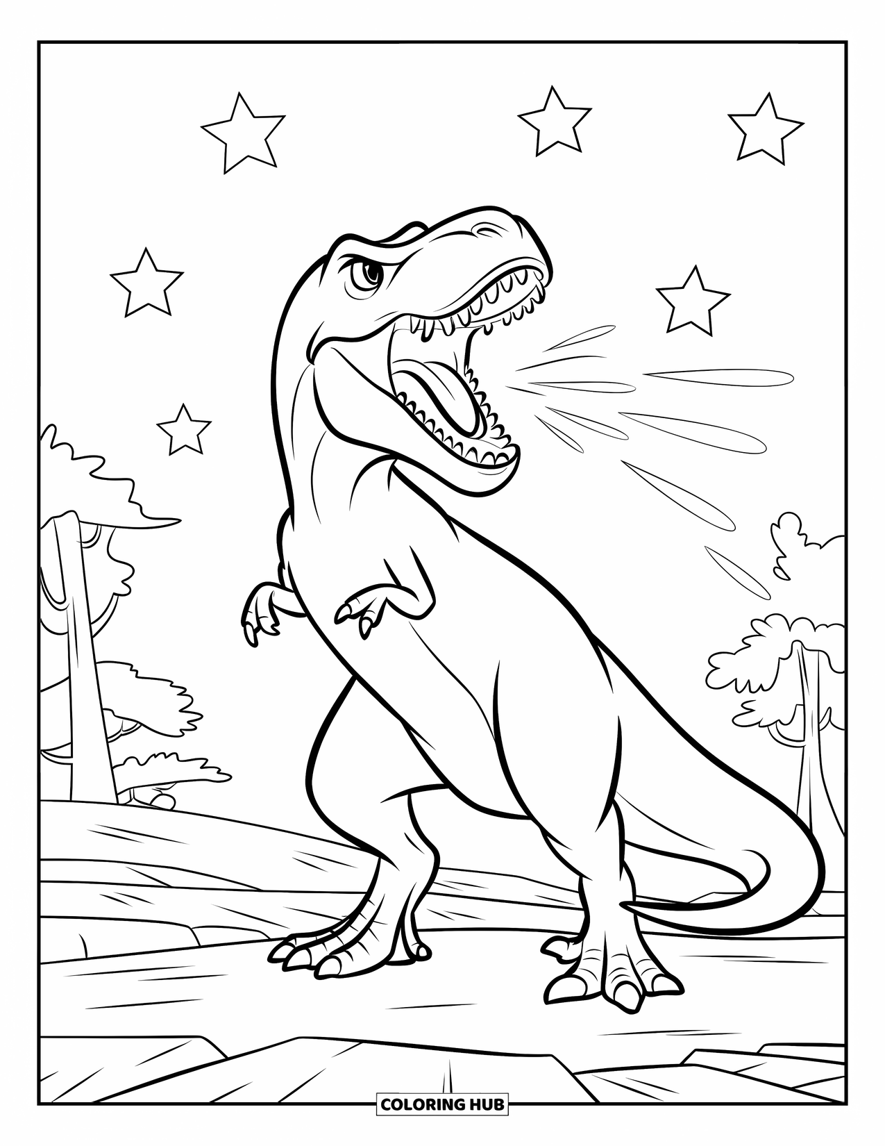 Dinosaur Coloring Page for Kids: A T-Rex roars on rocky terrain under a sky full of stars