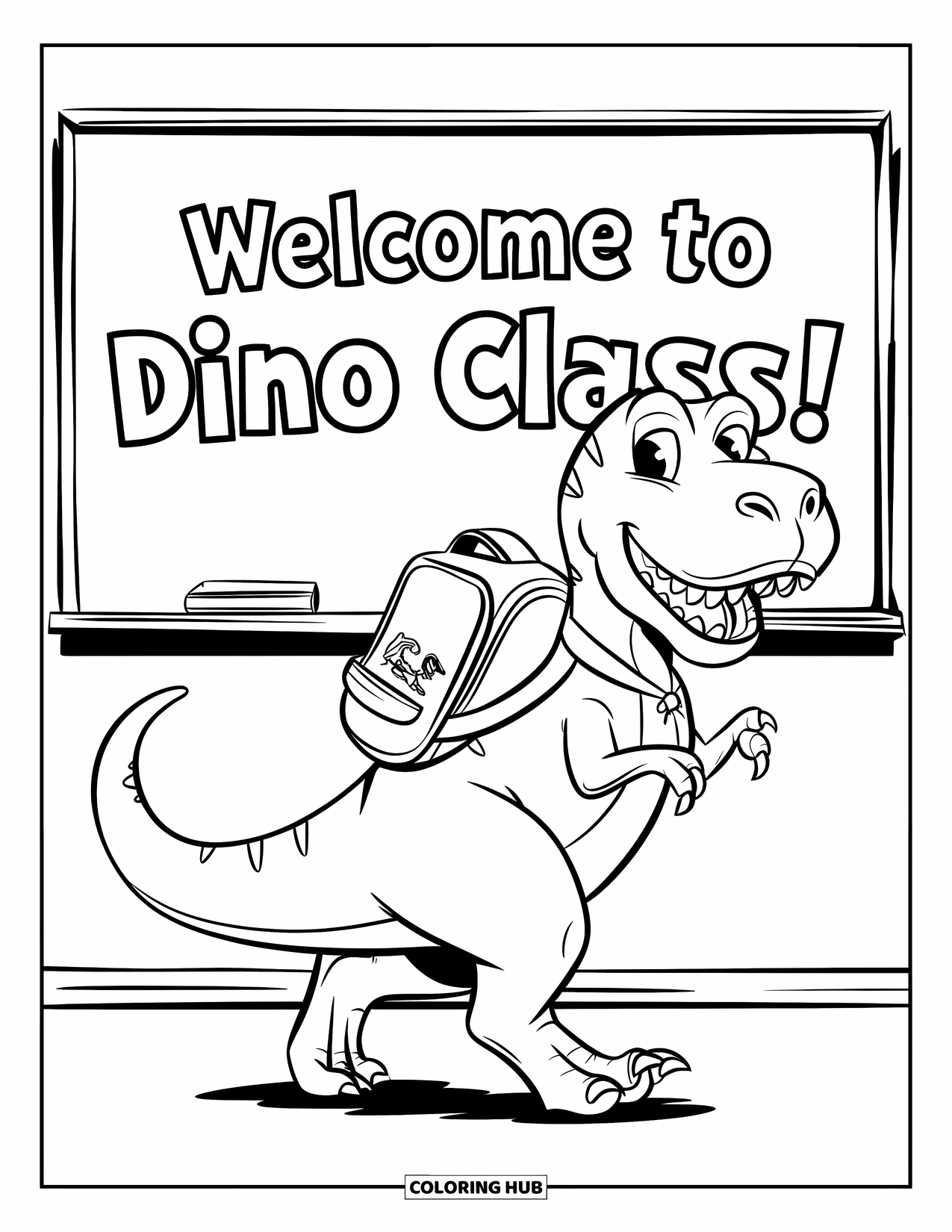 Dinosaur Coloring Page for Kids: A T-Rex smiles widely, carrying a notebook and wearing a backpack