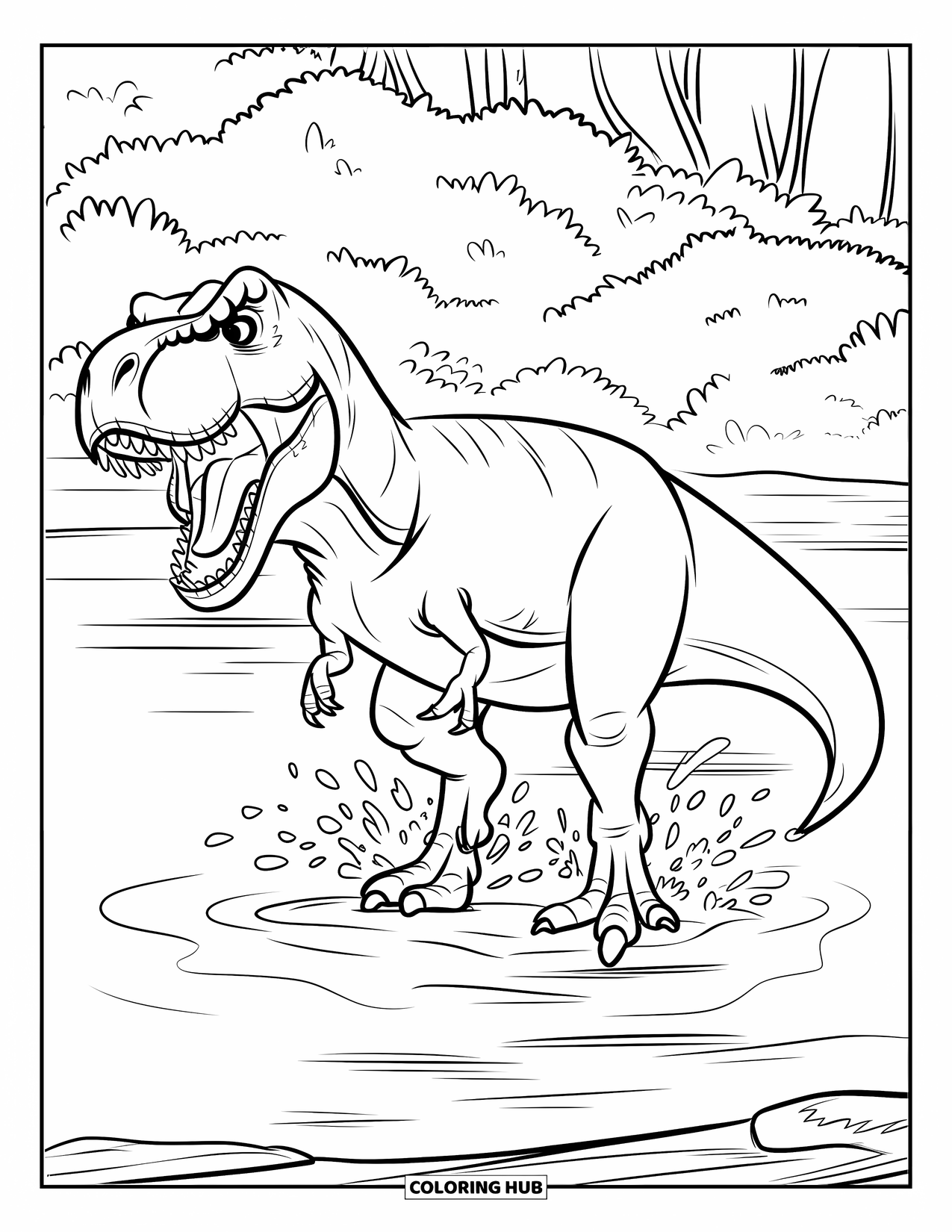 Dinosaur Coloring Page for Kids: A T-Rex stands in a shallow river, hunting with water splashing around