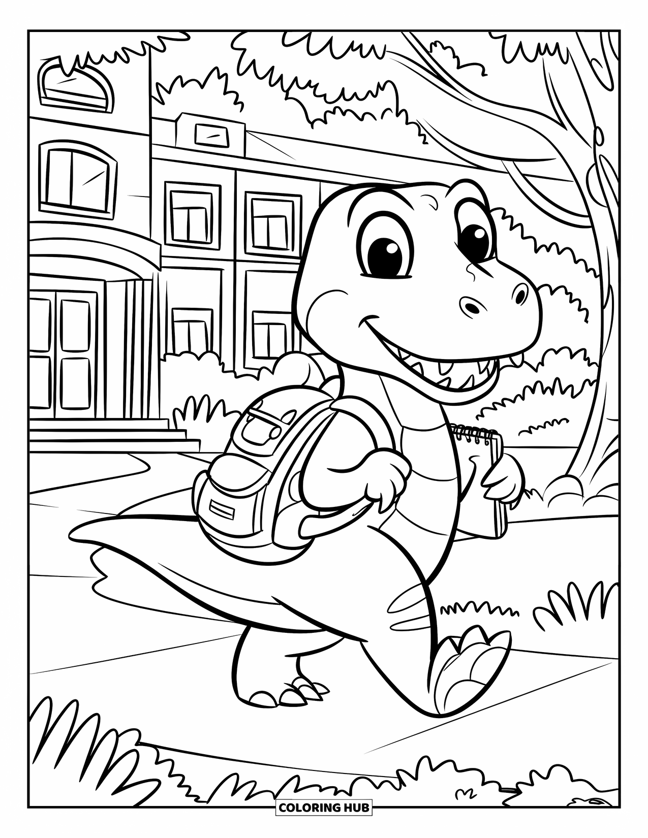 Dinosaur Coloring Page for Kids: A T-Rex walks to school with a backpack and a notebook tucked under its arm