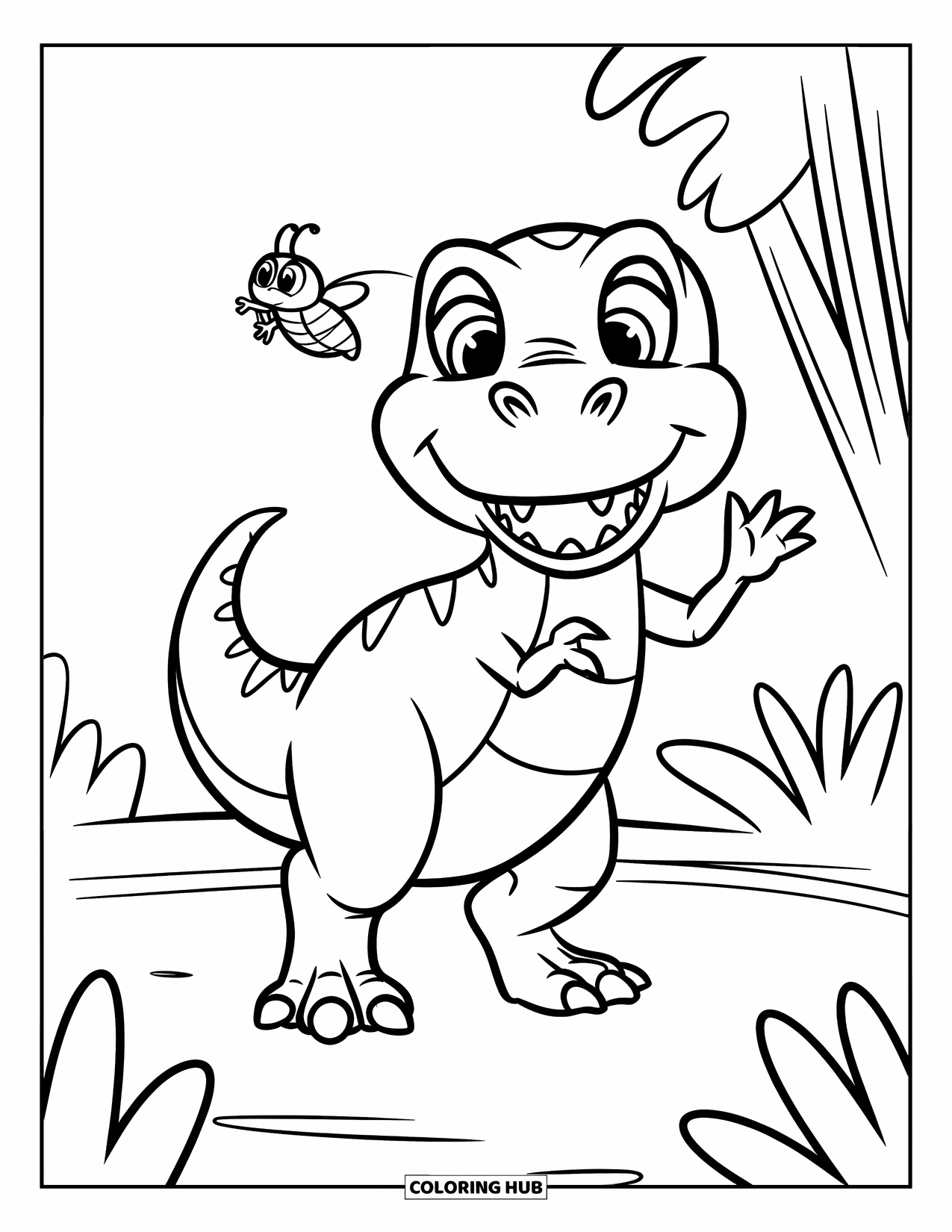 Dinosaur Coloring Page for Kids: A T-Rex waves at a tiny bug with a smile
