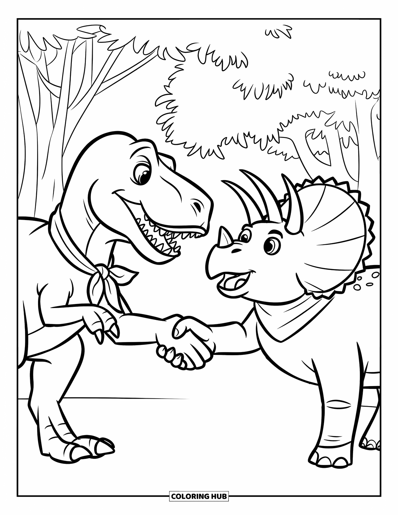 Dinosaur Coloring Page for Kids: A T-Rex with a green scarf shakes hands with a Triceratops