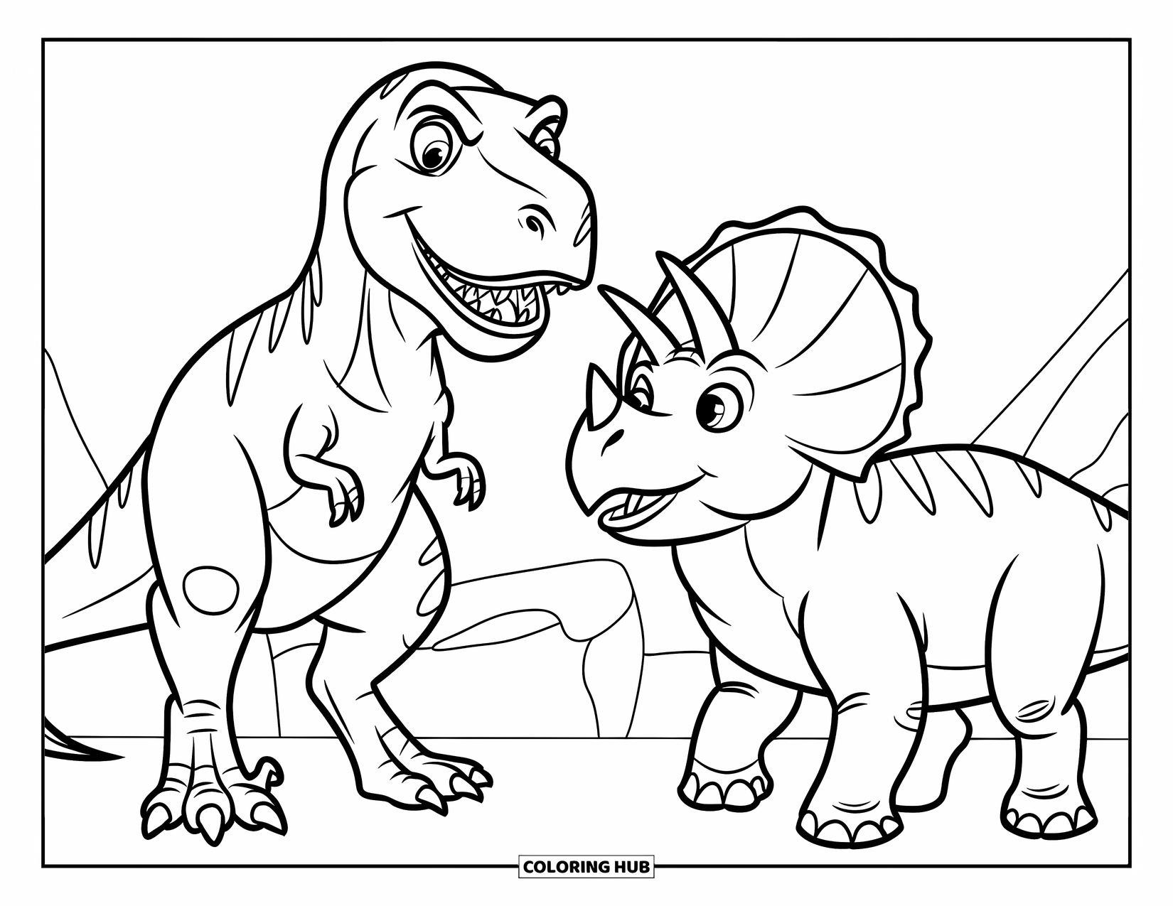 Dinosaur Coloring Page for Kids: A T-Rex with a smile shakes hands with a grinning Triceratops