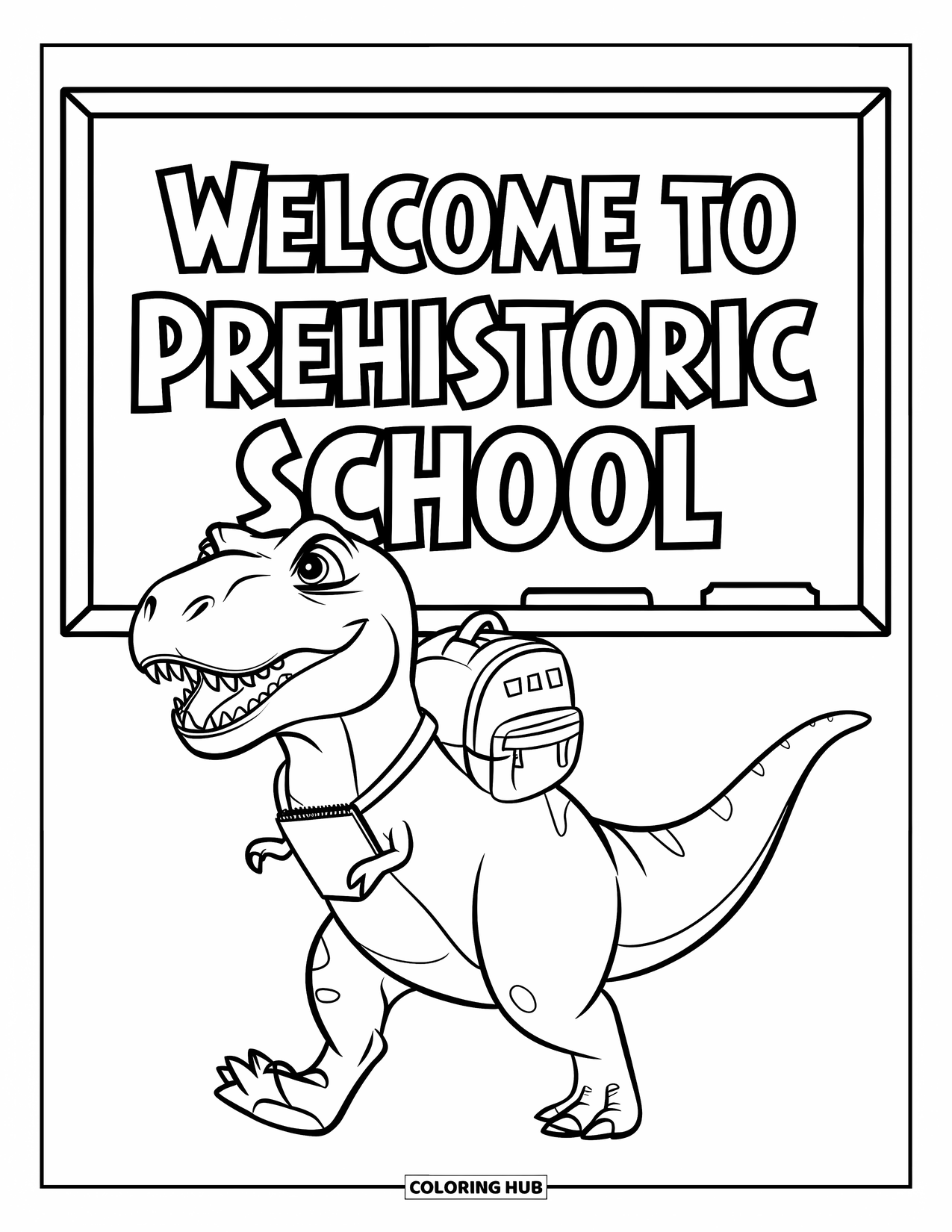 Dinosaur Coloring Page for Kids: A T-Rex with a tiny backpack walks happily with a notebook
