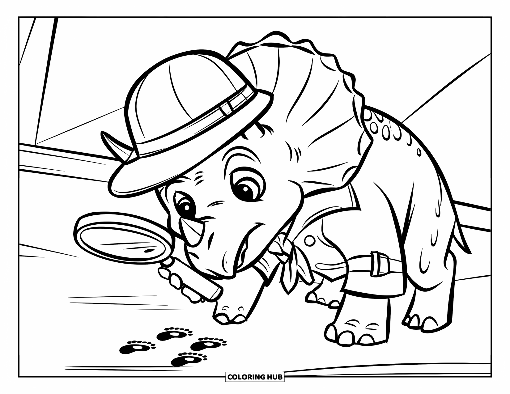 Dinosaur Coloring Page for Kids: A trench coat-wearing Triceratops investigates footprints with a magnifying glass