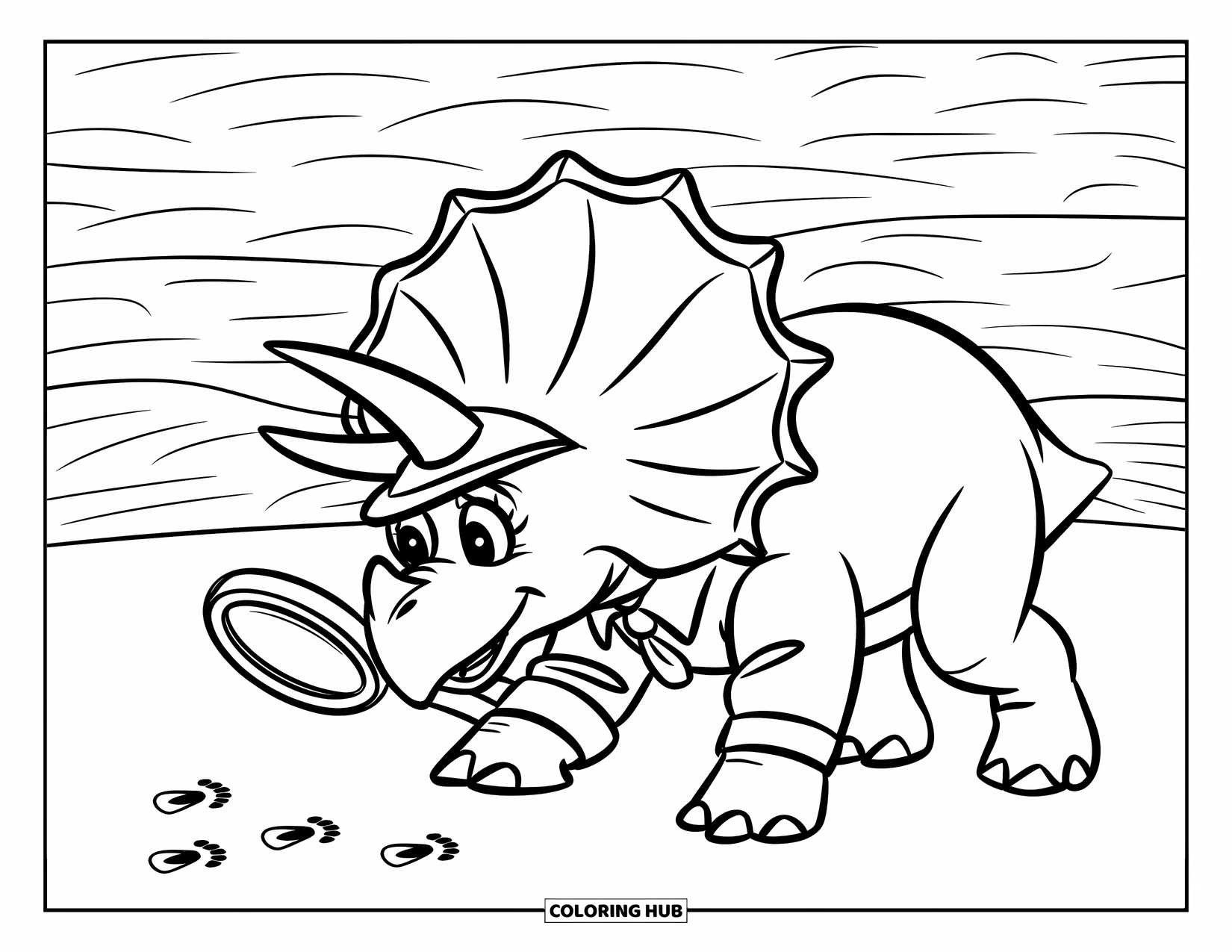 Dinosaur Coloring Page for Kids: A Triceratops detective examines tiny footprints with a magnifying glass