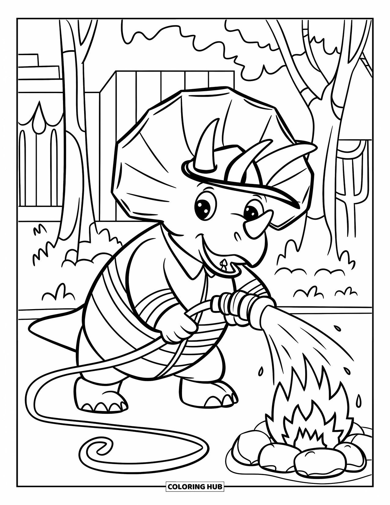 Dinosaur Coloring Page for Kids: A Triceratops dressed as a firefighter puts out a campfire with a hose