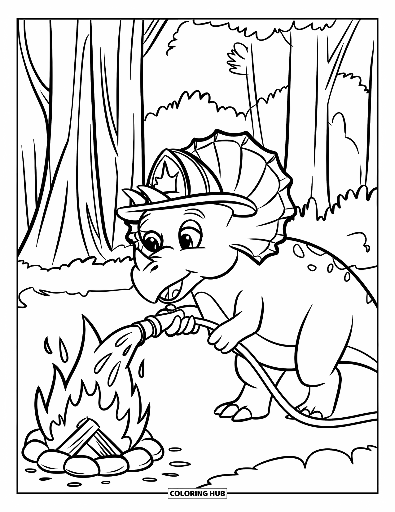 Dinosaur Coloring Page for Kids: A Triceratops firefighter sprays water at a campfire in the forest