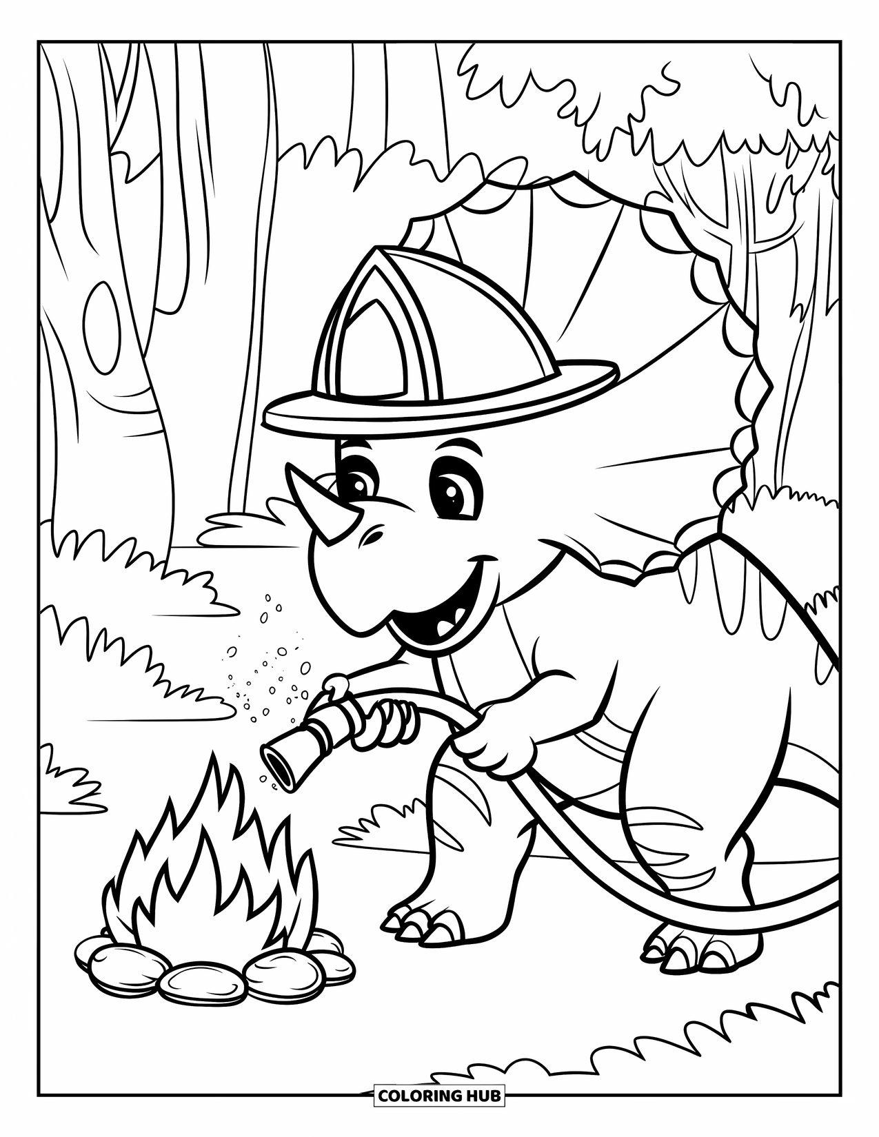 Dinosaur Coloring Page for Kids: A Triceratops pretends to be a firefighter, hosing down a campfire