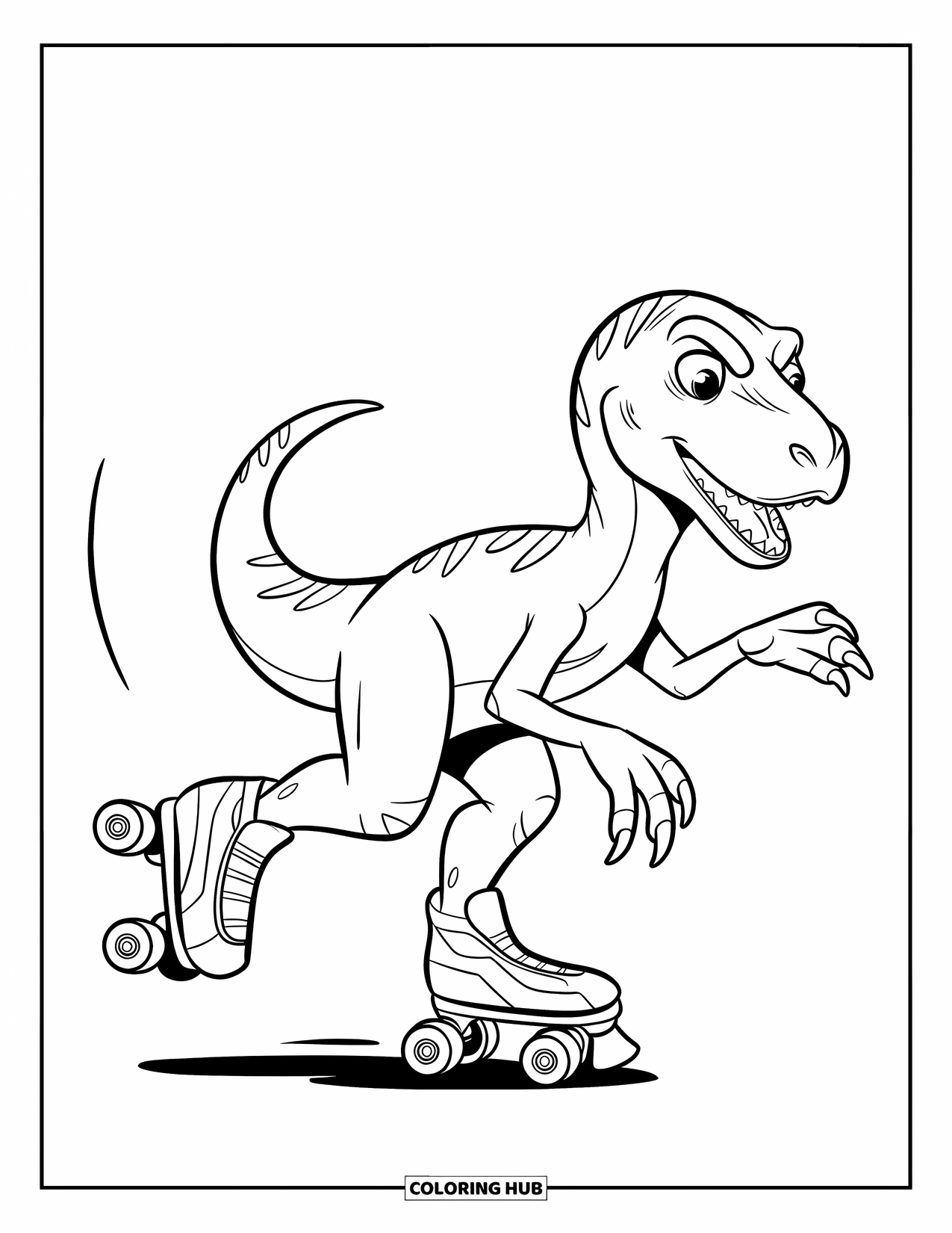Dinosaur Coloring Page for Kids: A Velociraptor balances carefully while roller-skating