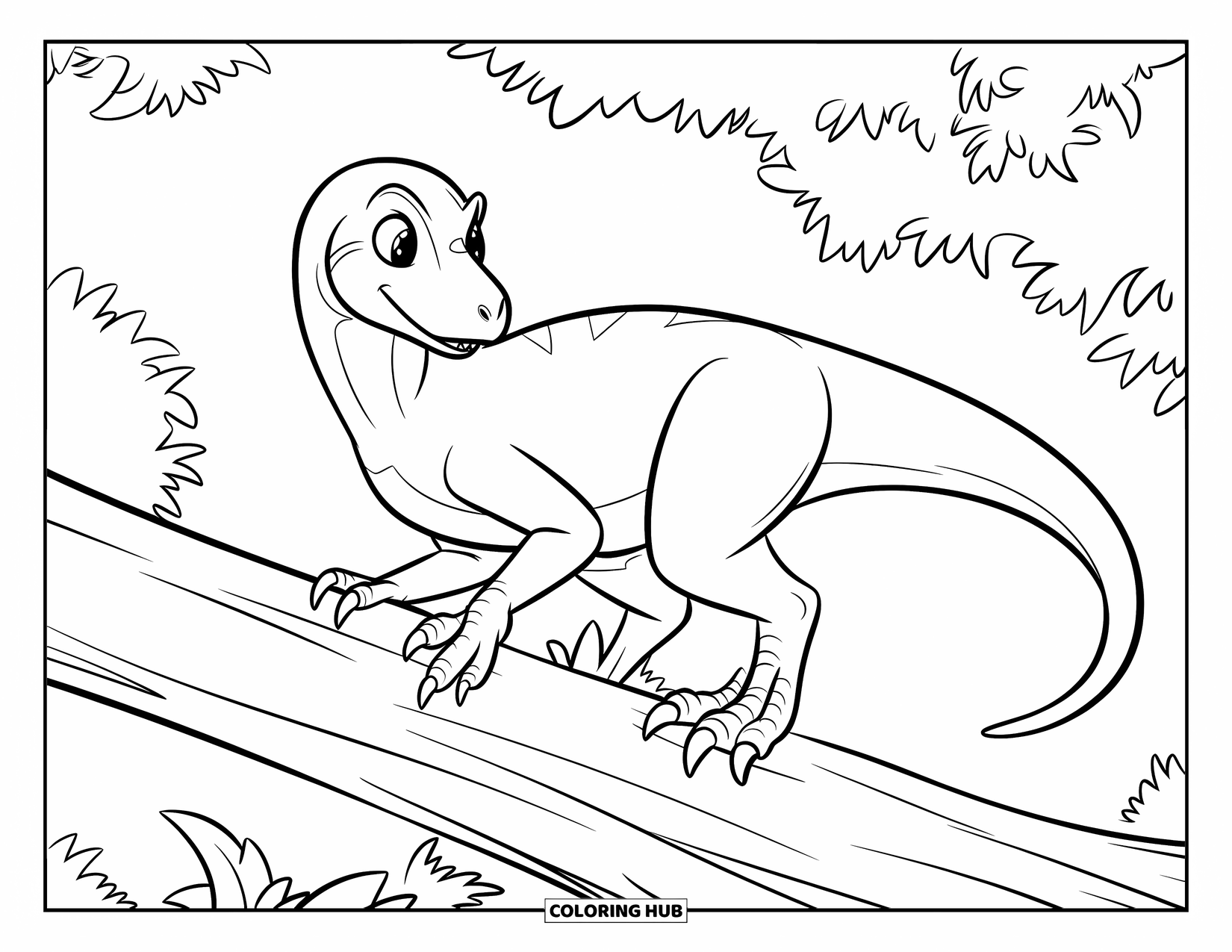 Dinosaur Coloring Page for Kids: A Velociraptor perches on a fallen tree, surveying the area