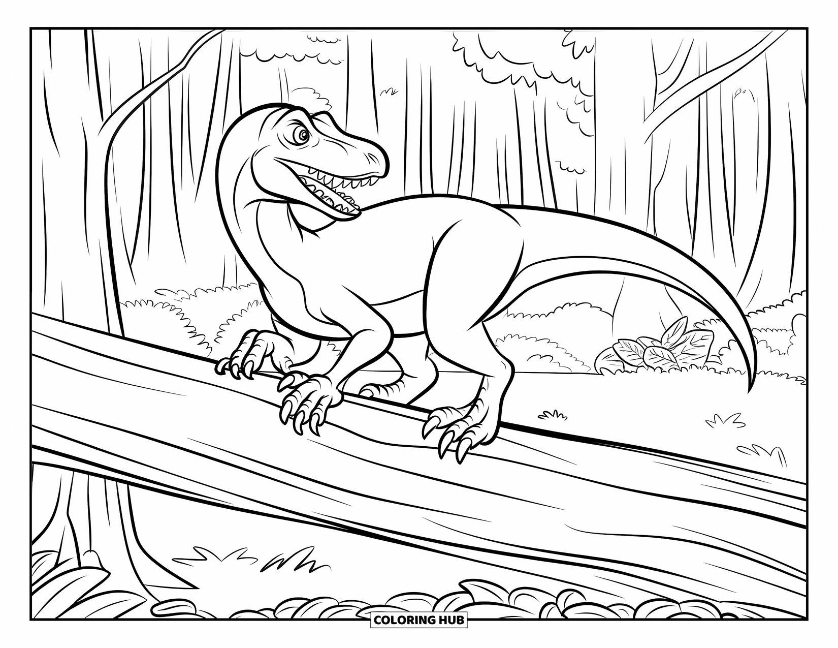 Dinosaur Coloring Page for Kids: A Velociraptor perches on a tree, scanning the forest