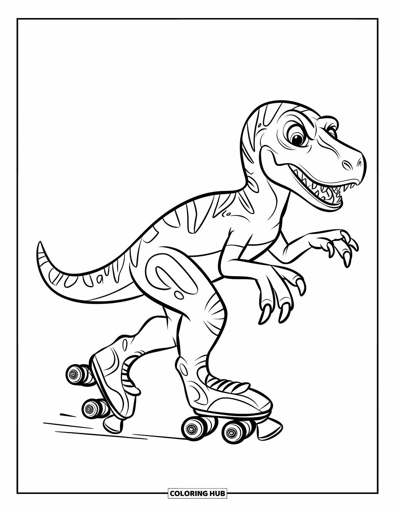 Dinosaur Coloring Page for Kids: A Velociraptor stretches its arms for balance while roller-skating
