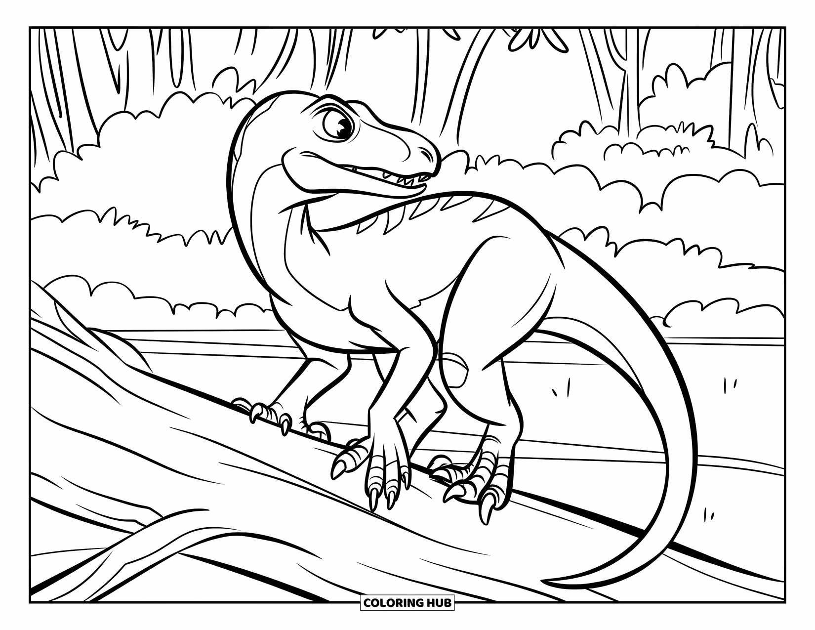 Dinosaur Coloring Page for Kids: A Velociraptor watches its surroundings from a fallen tree