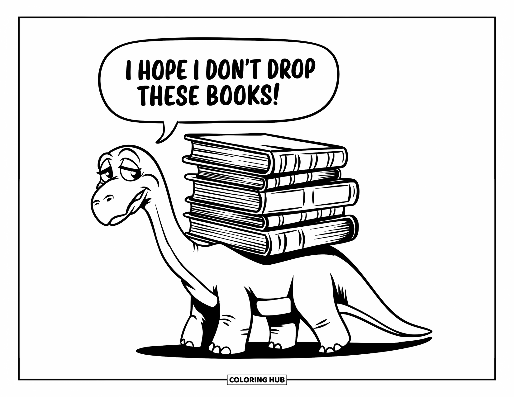 Dinosaur Coloring Page for Kids: A worried Diplodocus tries not to drop a stack of books on its back