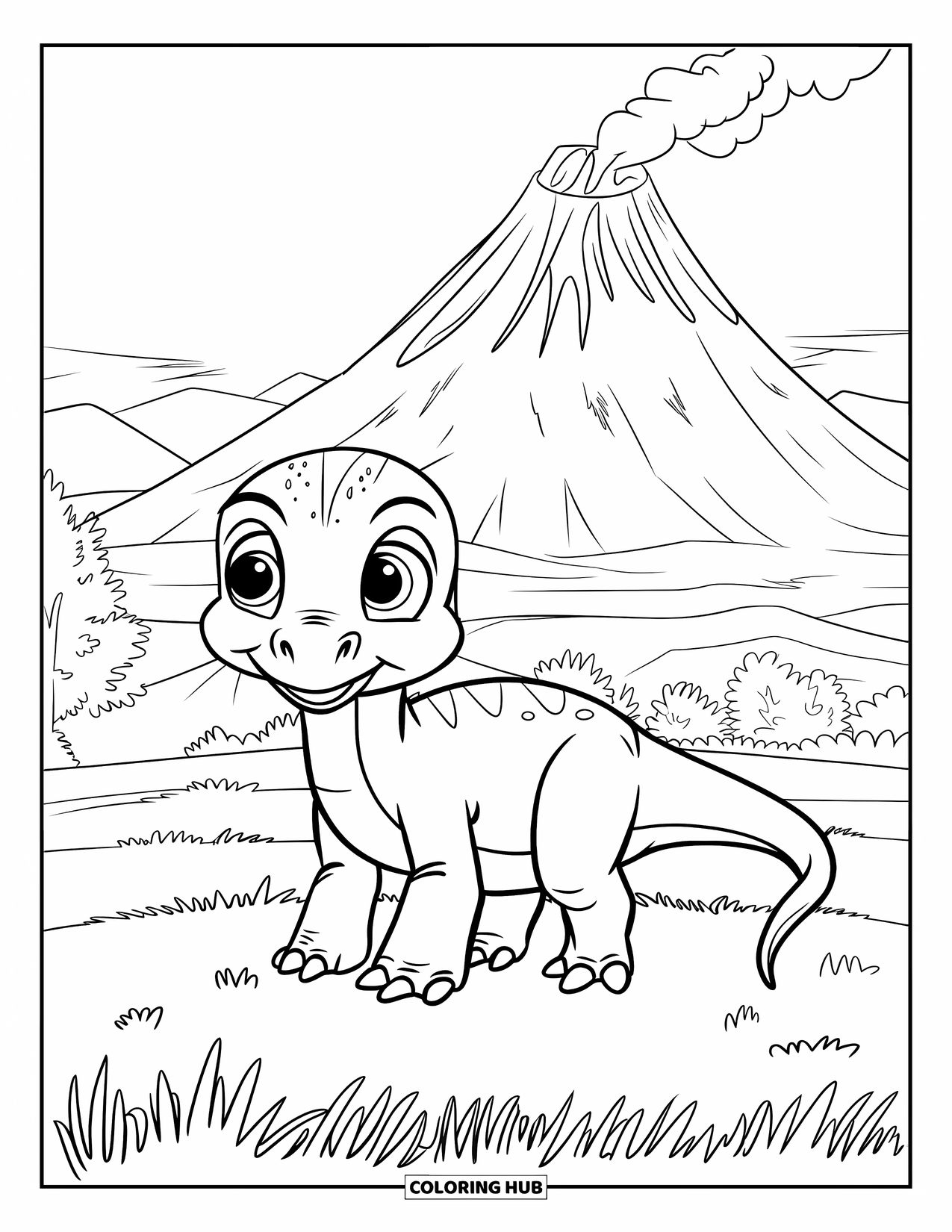 Dinosaur Coloring Page for Kids: A young dinosaur faces a smoking volcano, looking curious