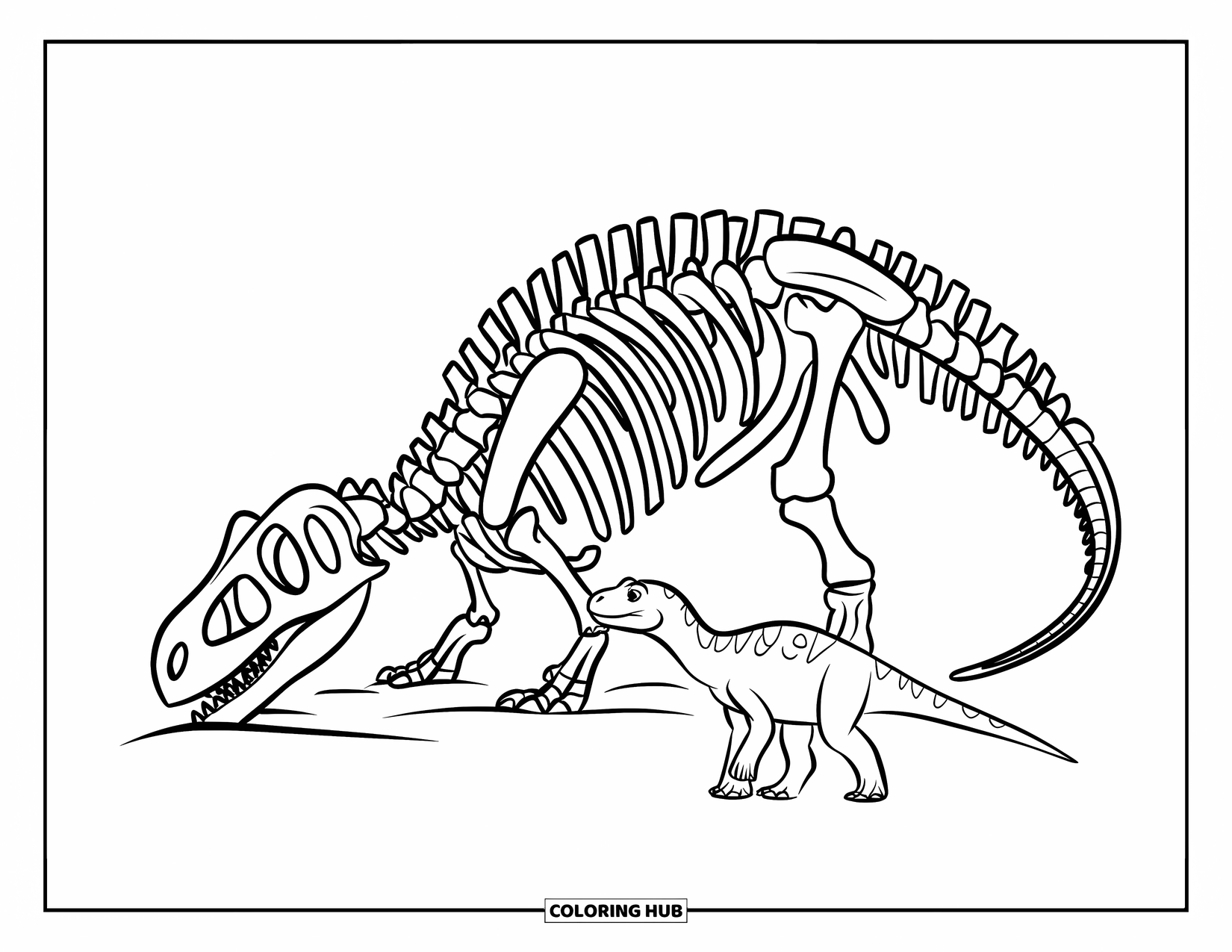 Dinosaur Coloring Page for Kids: A young dinosaur sniffs a partially uncovered dinosaur skeleton