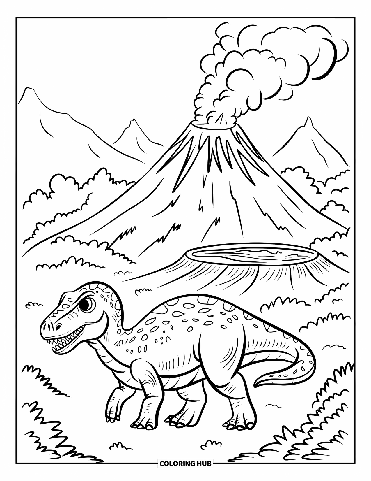 Dinosaur Coloring Page for Kids: A young dinosaur stands before an ancient volcano with smoke rising