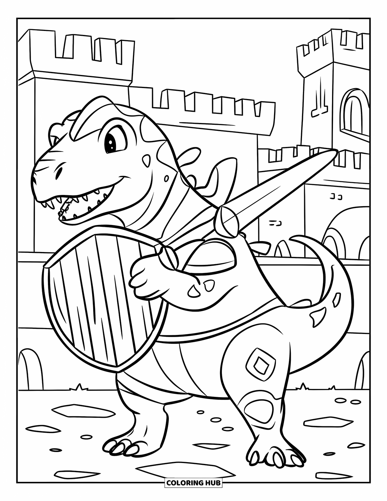 Dinosaur Coloring Page for Kids: An Ankylosaurus dressed as a knight holds a shield near a castle