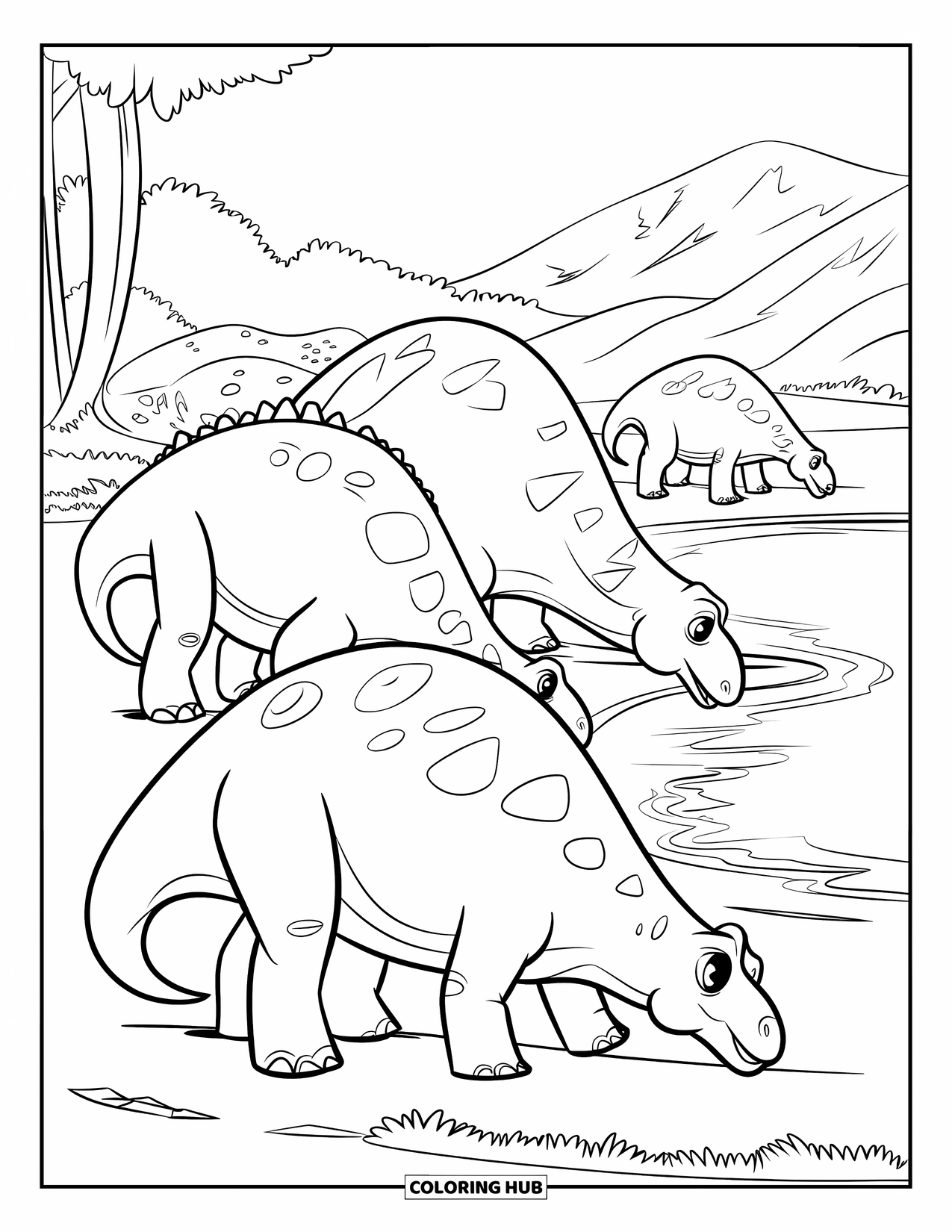 Dinosaur Coloring Page for Kids: Dinosaurs graze by a lake, one alert and watching