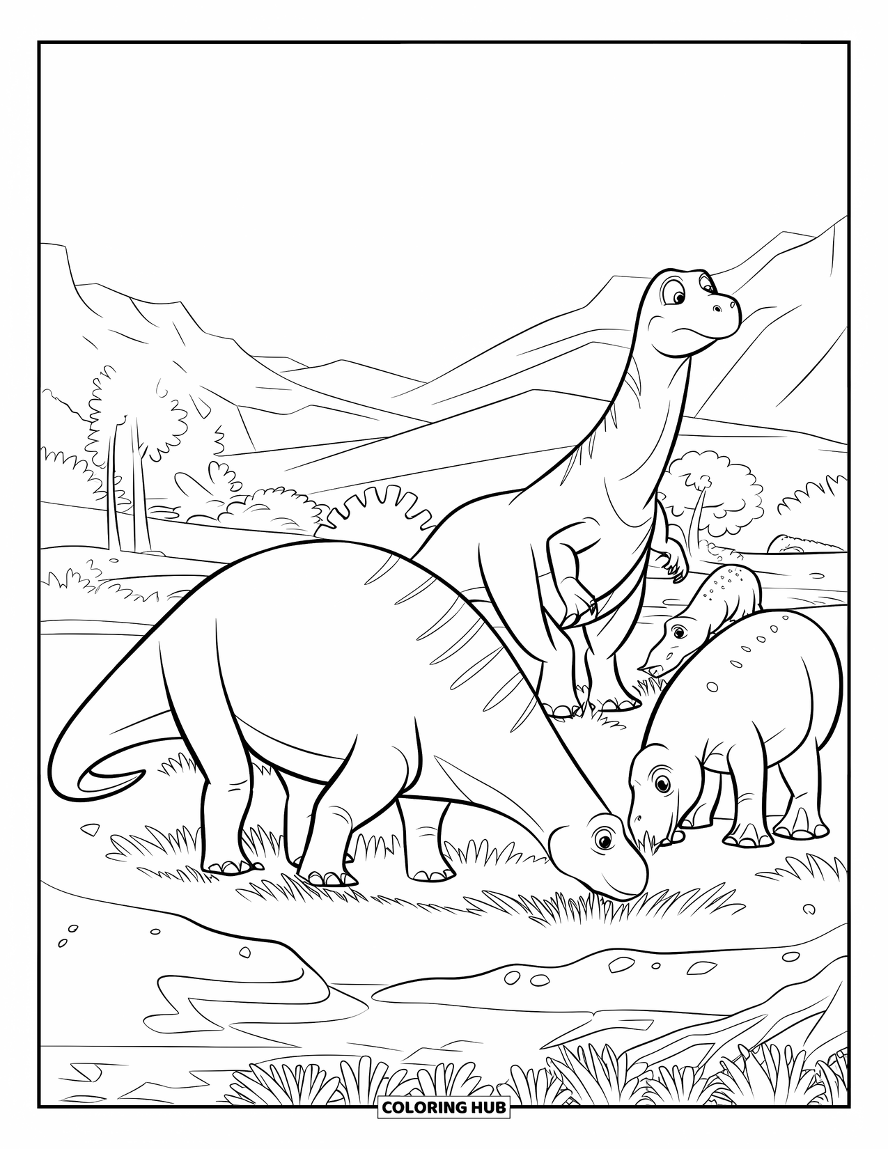 Dinosaur Coloring Page for Kids: Dinosaurs graze near a lake, one looking up cautiously