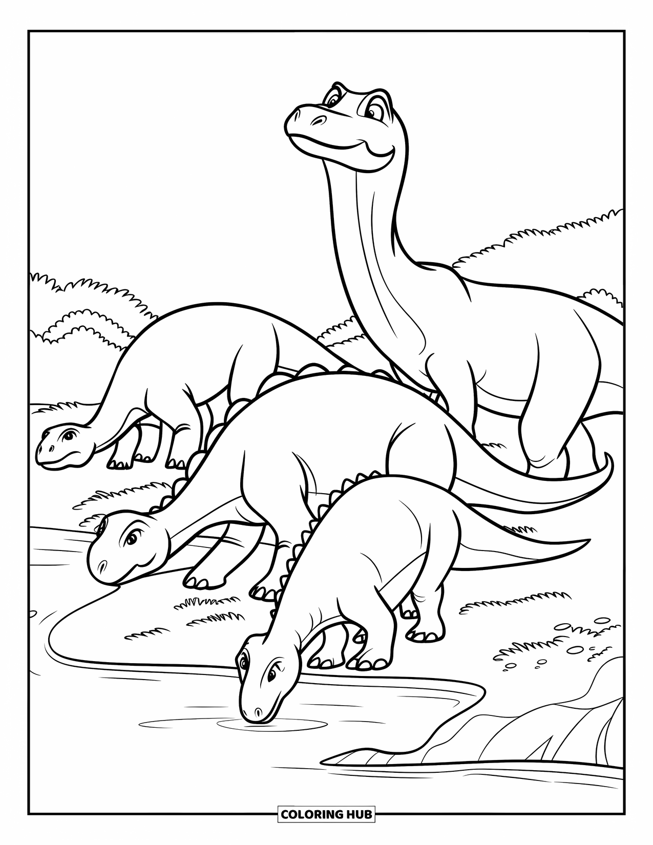 Dinosaur Coloring Page for Kids: Dinosaurs peacefully graze by a lake, one sensing danger