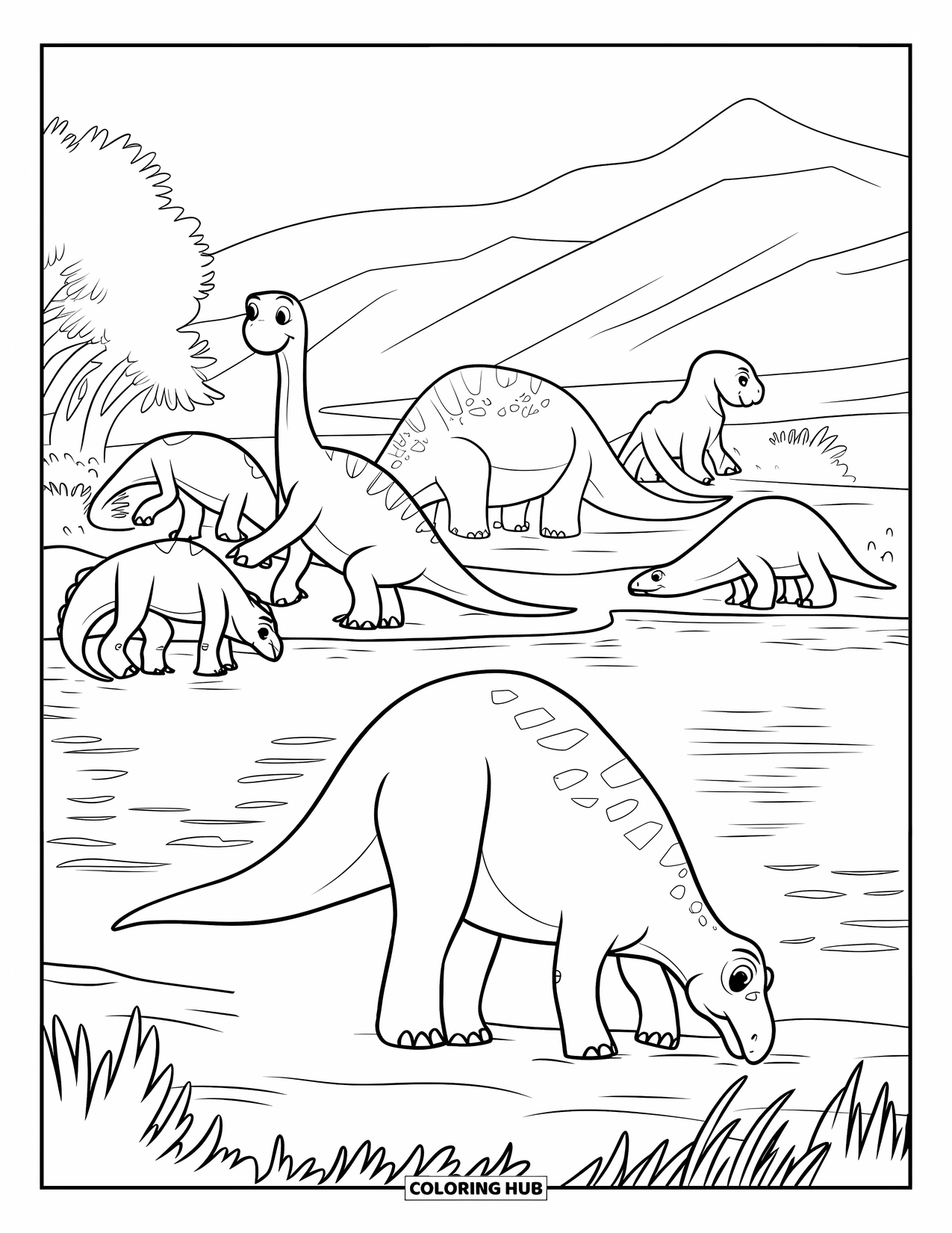 Dinosaur Coloring Page for Kids: Herbivorous dinosaurs graze peacefully near a lake