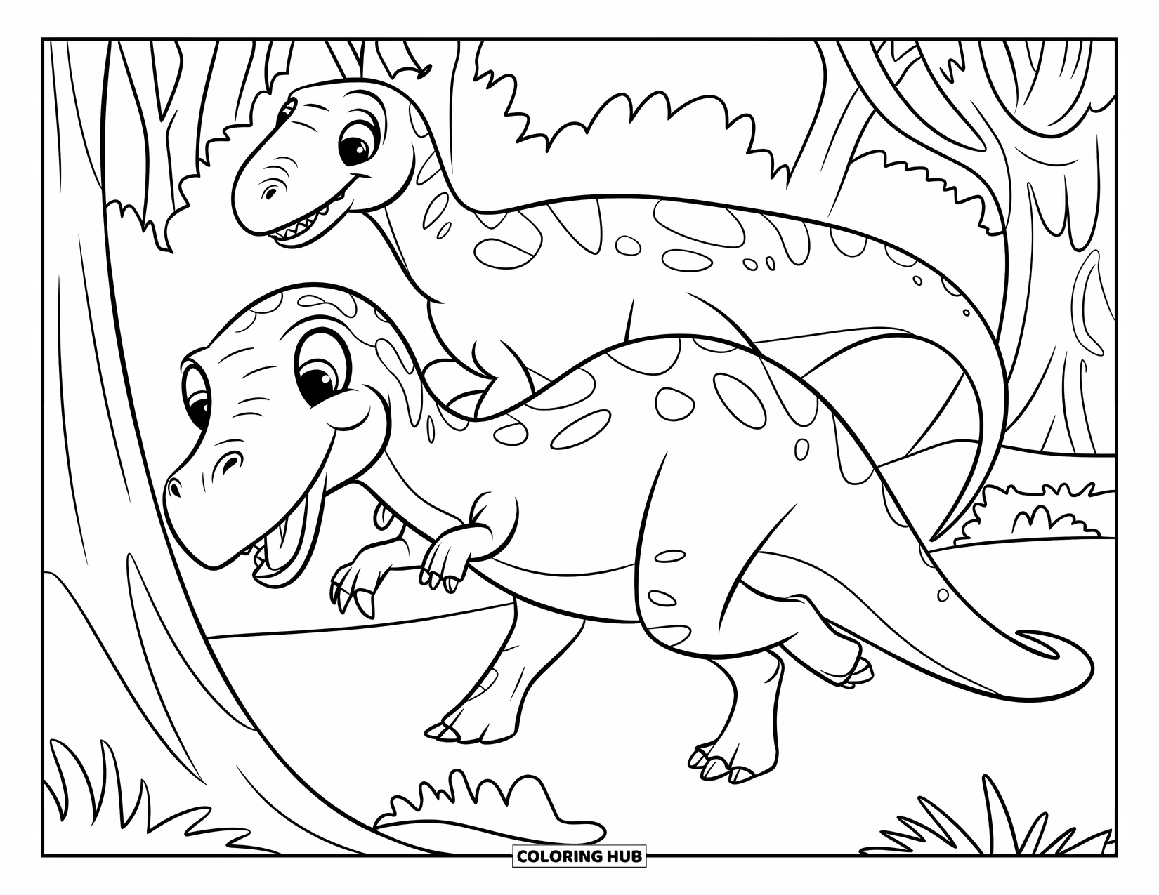 Dinosaur Coloring Page for Kids: Two dinosaurs playfully chase each other through a forest