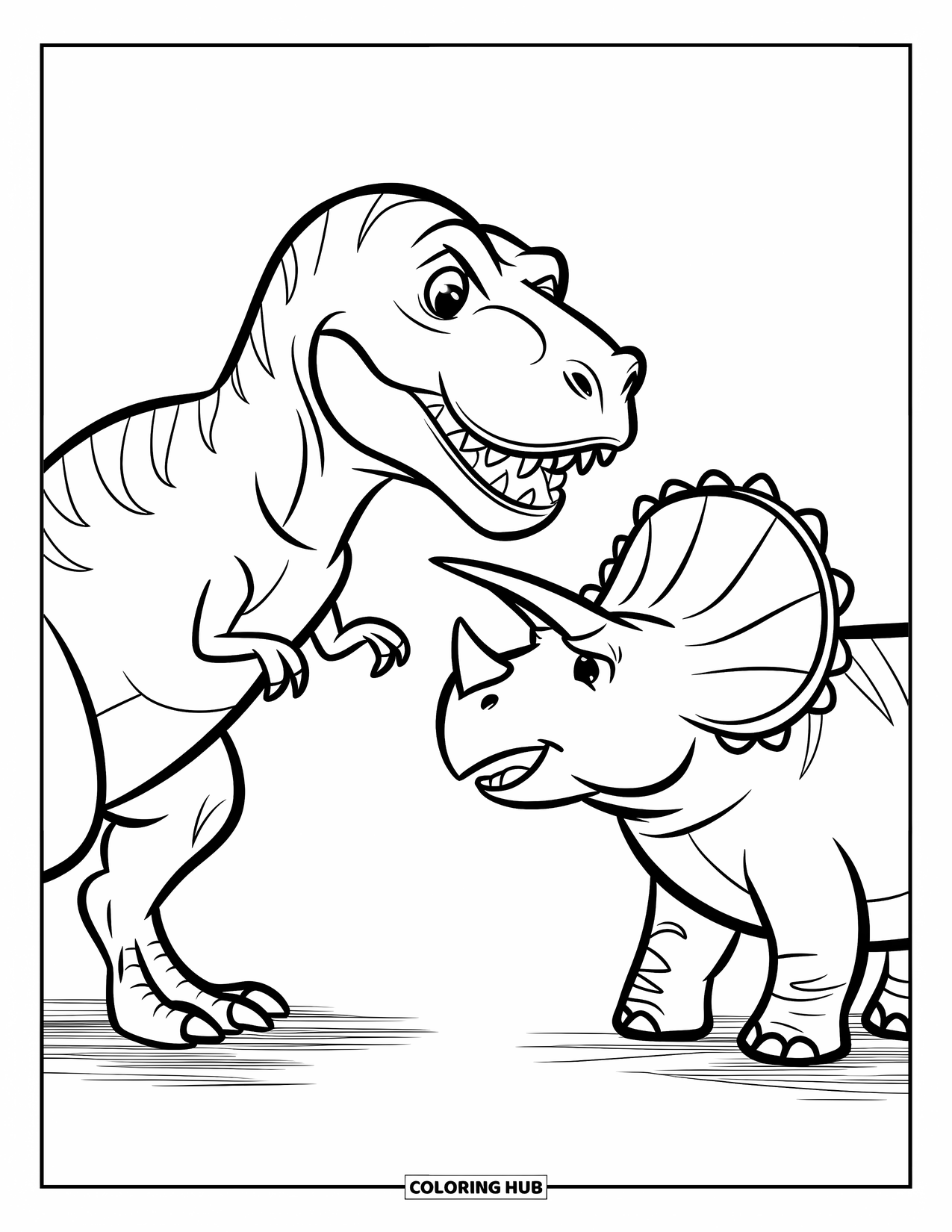 Dinosaur Coloring Page for Kids: Two friendly dinosaurs shake hands in a forest