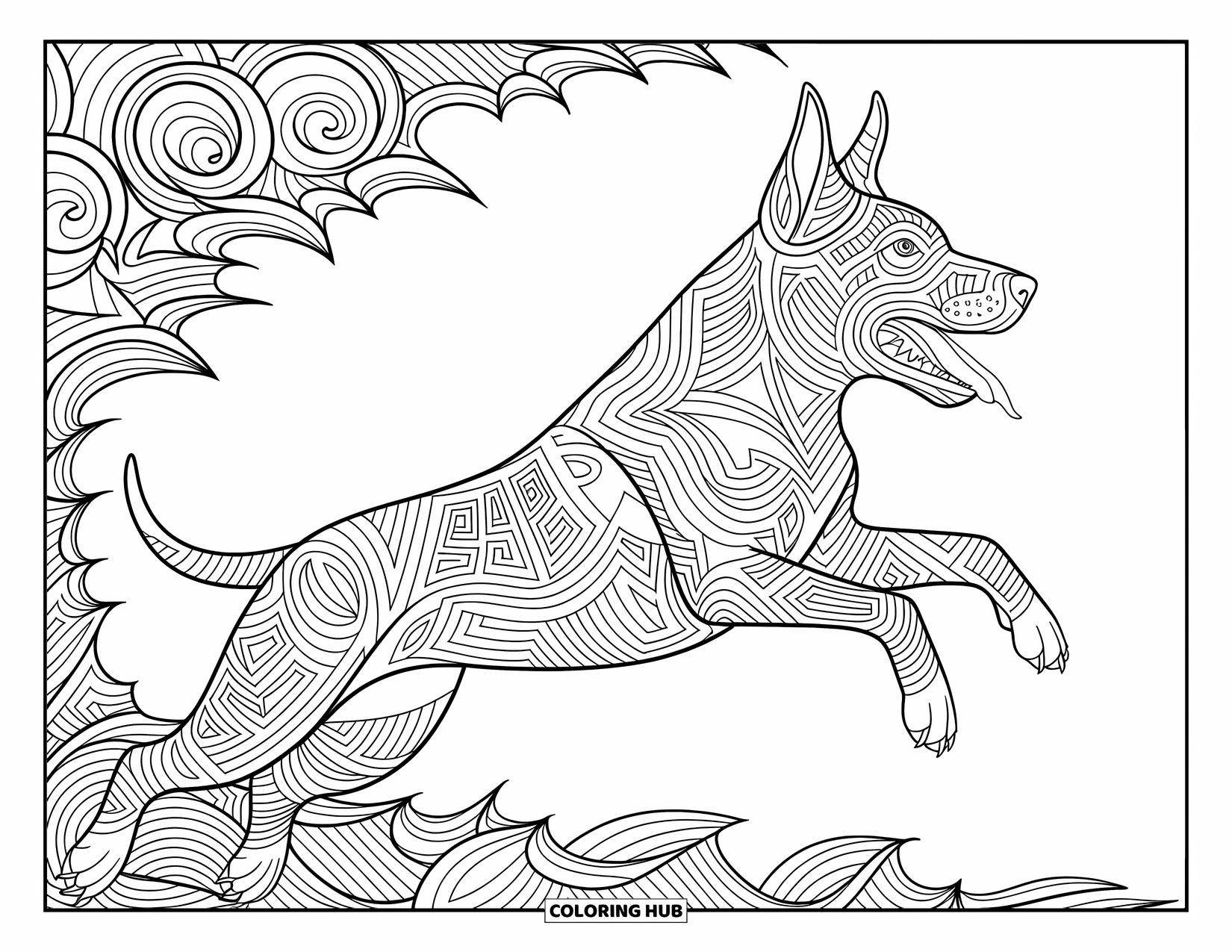 Dog Coloring Page for Adults: A Belgian Malinois mid-leap is decorated with intricate tribal patterns, creating a striking design