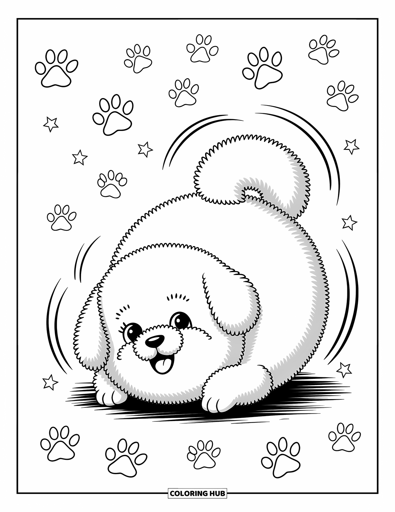 Dog Coloring Page for Adults: A charming Miniature Schnauzer with a bowtie sits happily, surrounded by delicate swirls and ribbons