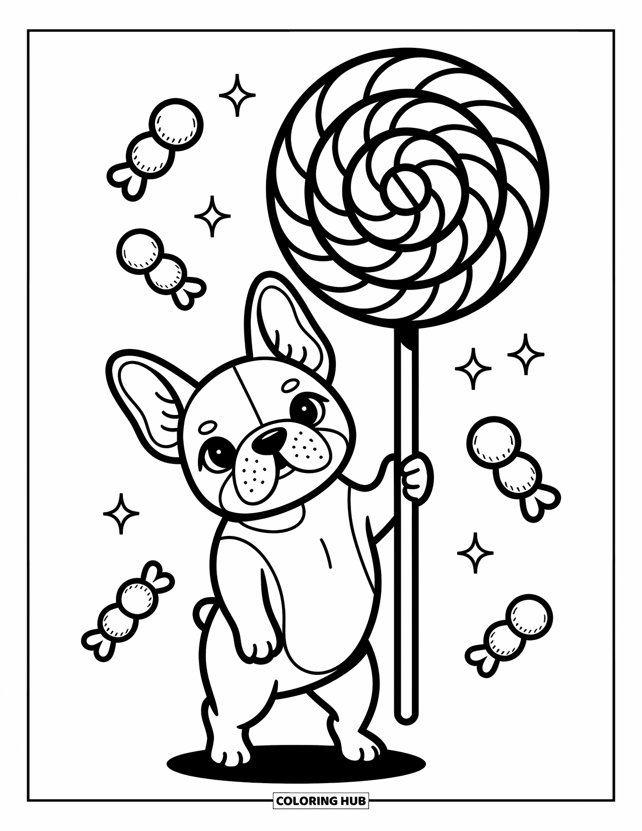 Dog Coloring Page for Adults: A cheerful Bichon Frise rolls across the ground, leaving a playful trail of floating paw prints