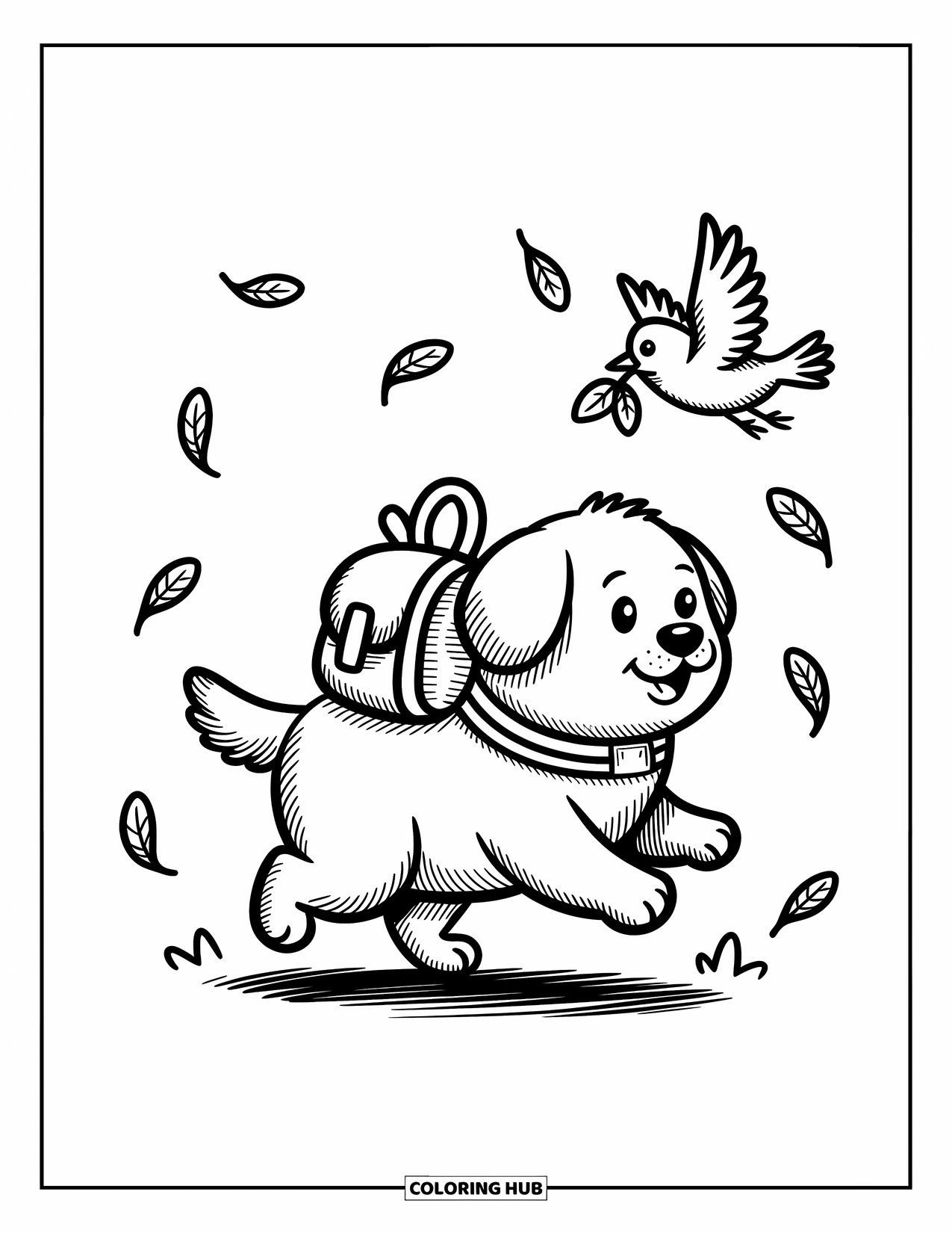 Dog Coloring Page for Adults: A cheerful Golden Retriever puppy takes a step forward, a little bird flying beside it