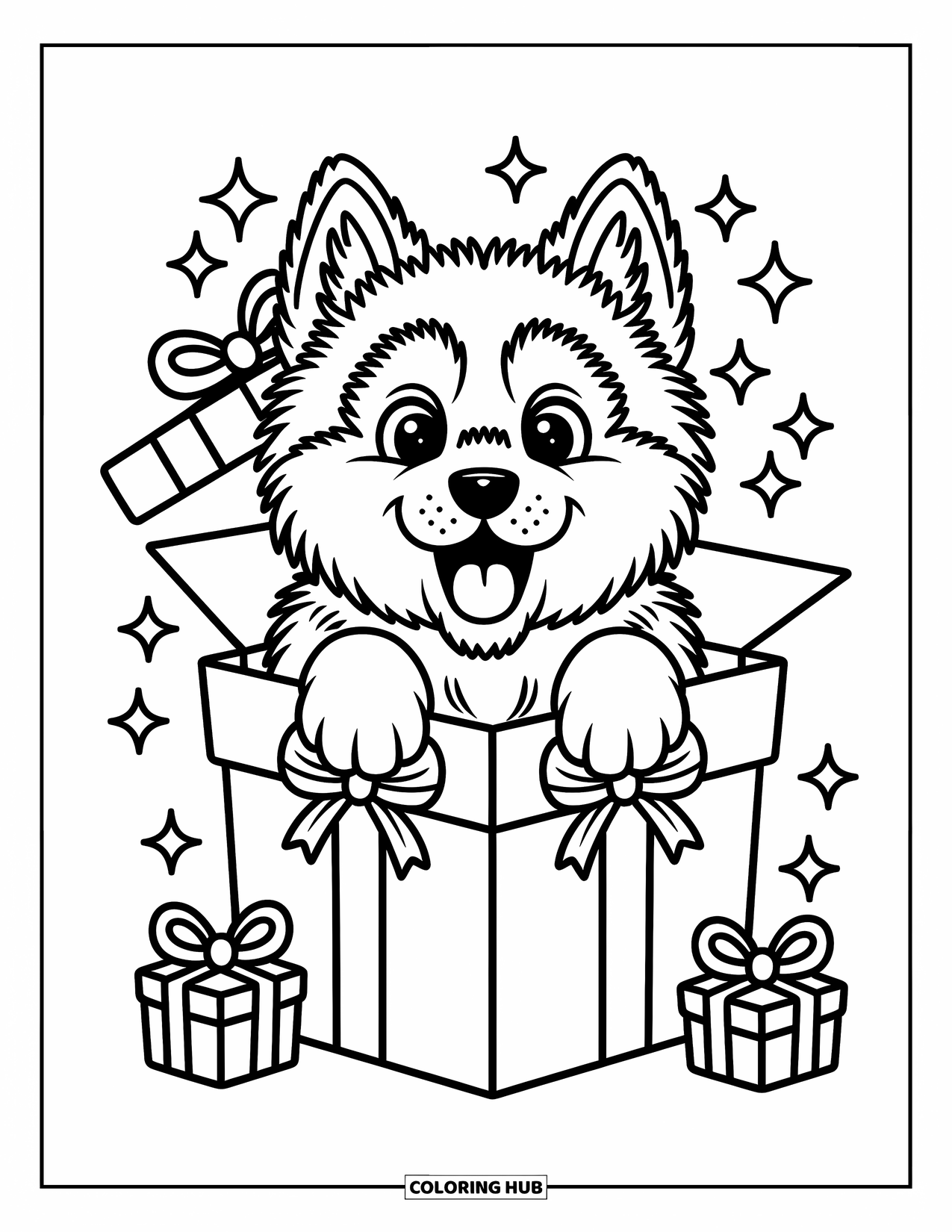 Dog Coloring Page for Adults: A cheerful Husky puppy peeks from a festive gift box, surrounded by tiny hearts and stars