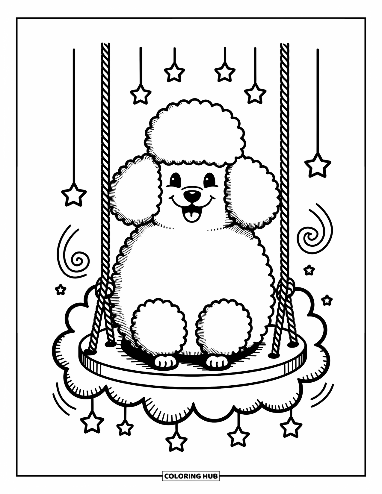 Dog Coloring Page for Adults: A cheerful Poodle rests on a soft cloud swing, surrounded by gentle swirling winds