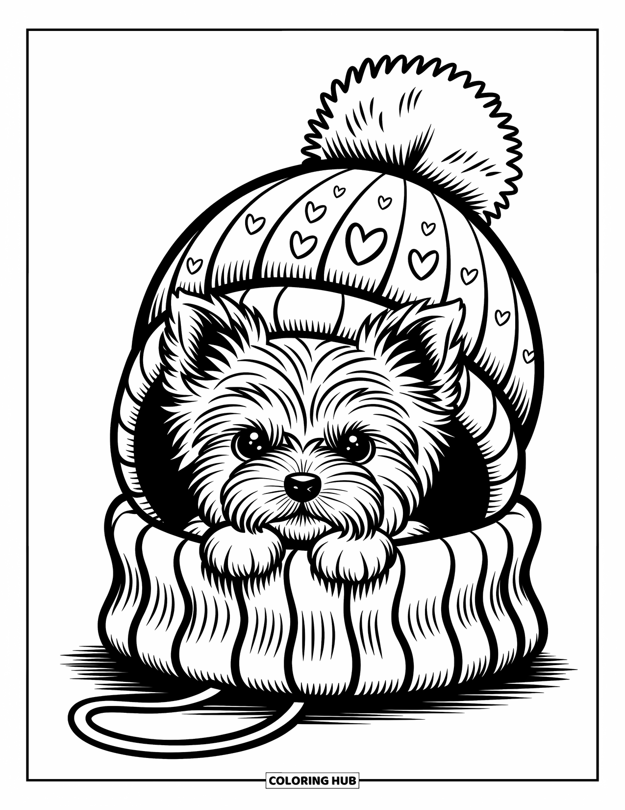 Dog Coloring Page for Adults: A cuddly Yorkshire Terrier puppy snuggles inside a knitted hat, surrounded by tiny heart stitches