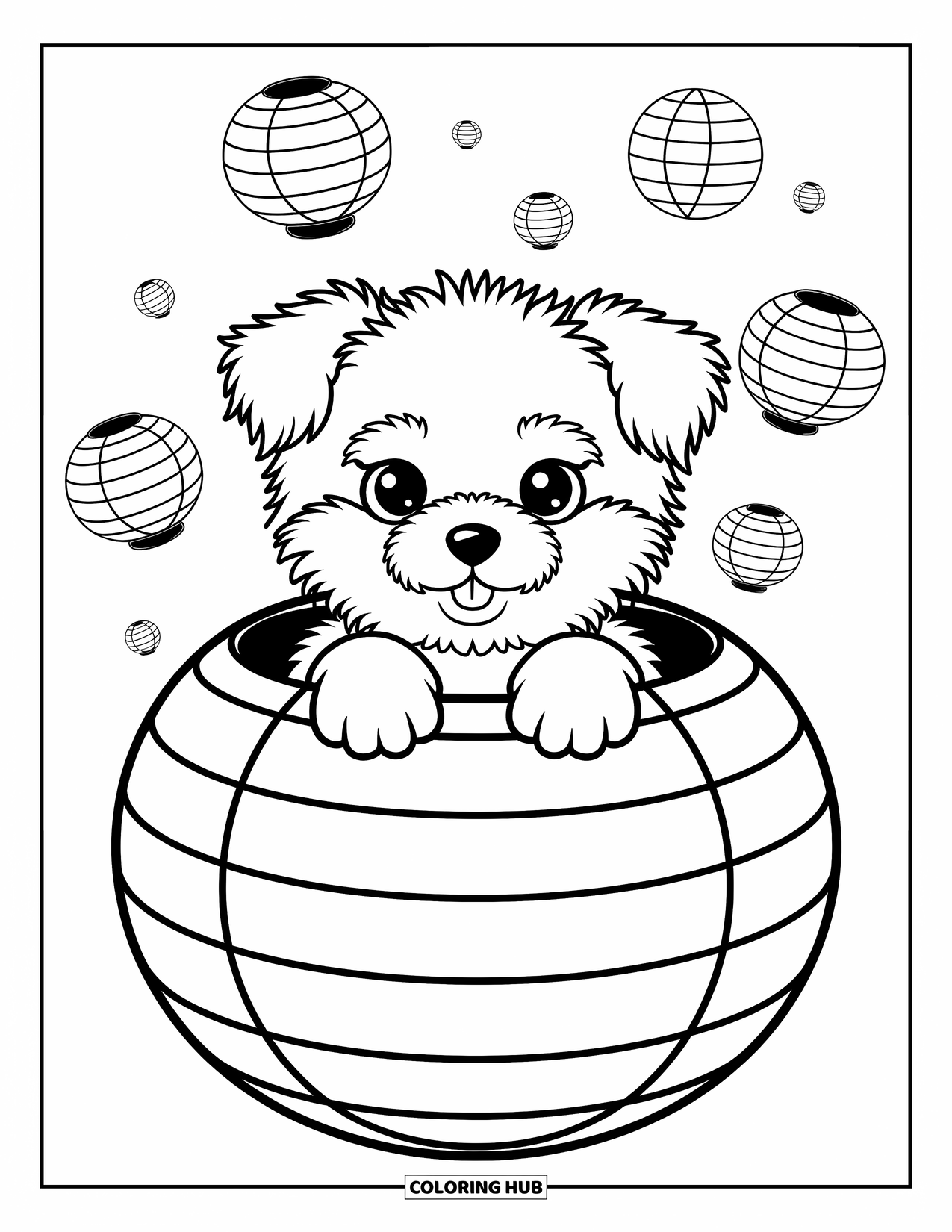 Dog Coloring Page for Adults: A curious Coton de Tulear puppy peeks out from an oversized paper lantern, gripping the edge