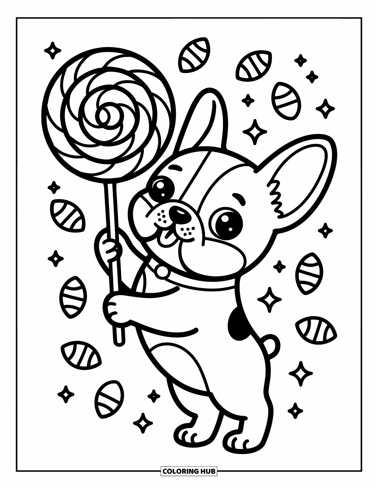 Dog Coloring Page for Adults: A cute French Bulldog stands on its hind legs, holding a giant swirly lollipop in its paws